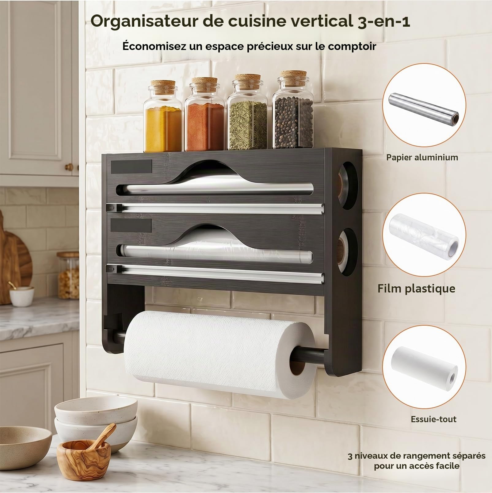 Porte-Rouleau Cuisine Mural 3 en 1 en Bois, Distributeur Film & Aluminium | Porte Essuie-Tout avec Distributeur Film Alimentaire et Papier Aluminium, Rangement Mural Gain de Place pour Cuisine