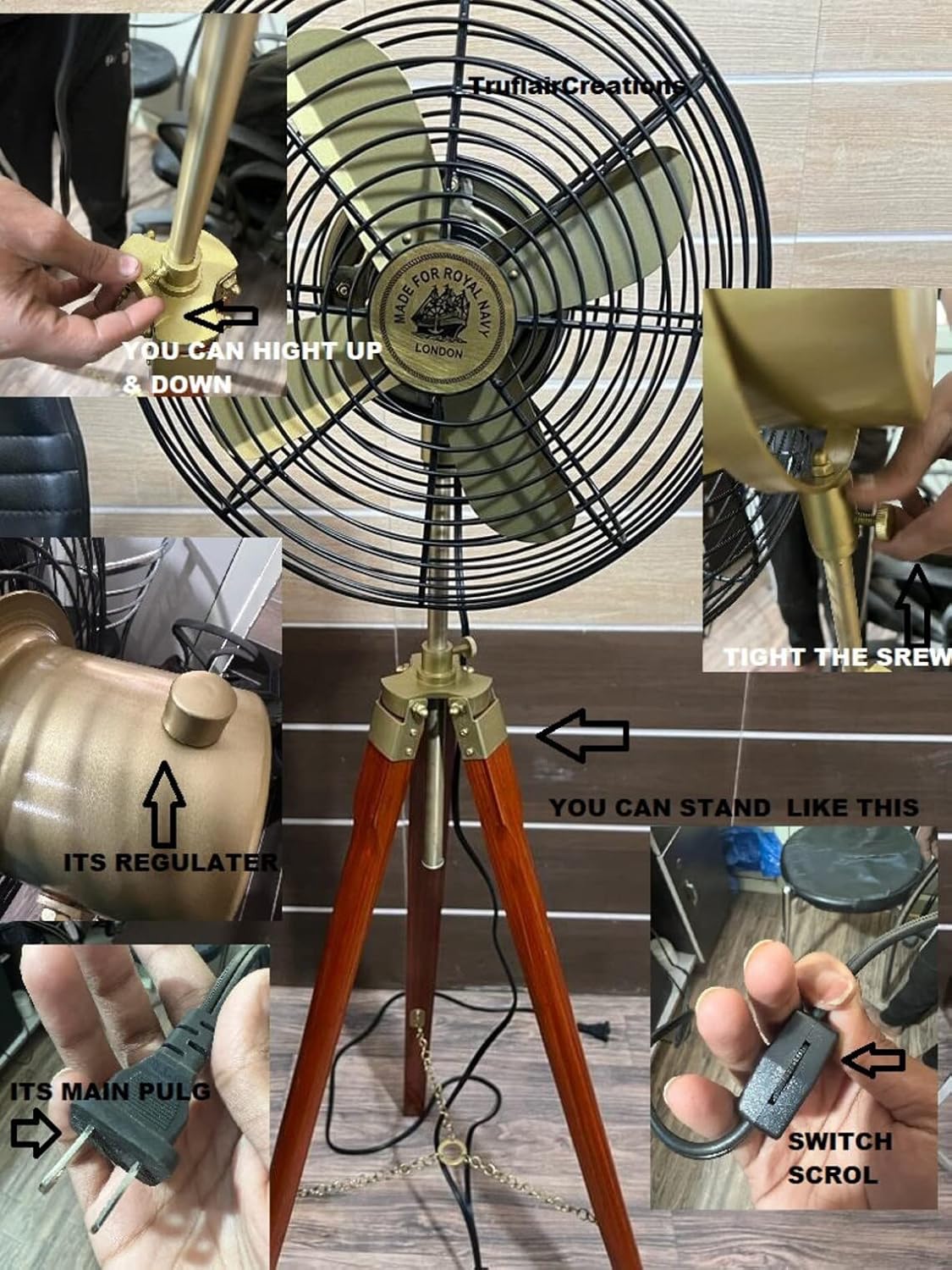 Antique Electric Floor Fan For Home And Office Décor With Wooden Tripod Stand Vintage Stylish Floor Fan For Living Room Decorative Item By BY S.P ENTERPRISEESS