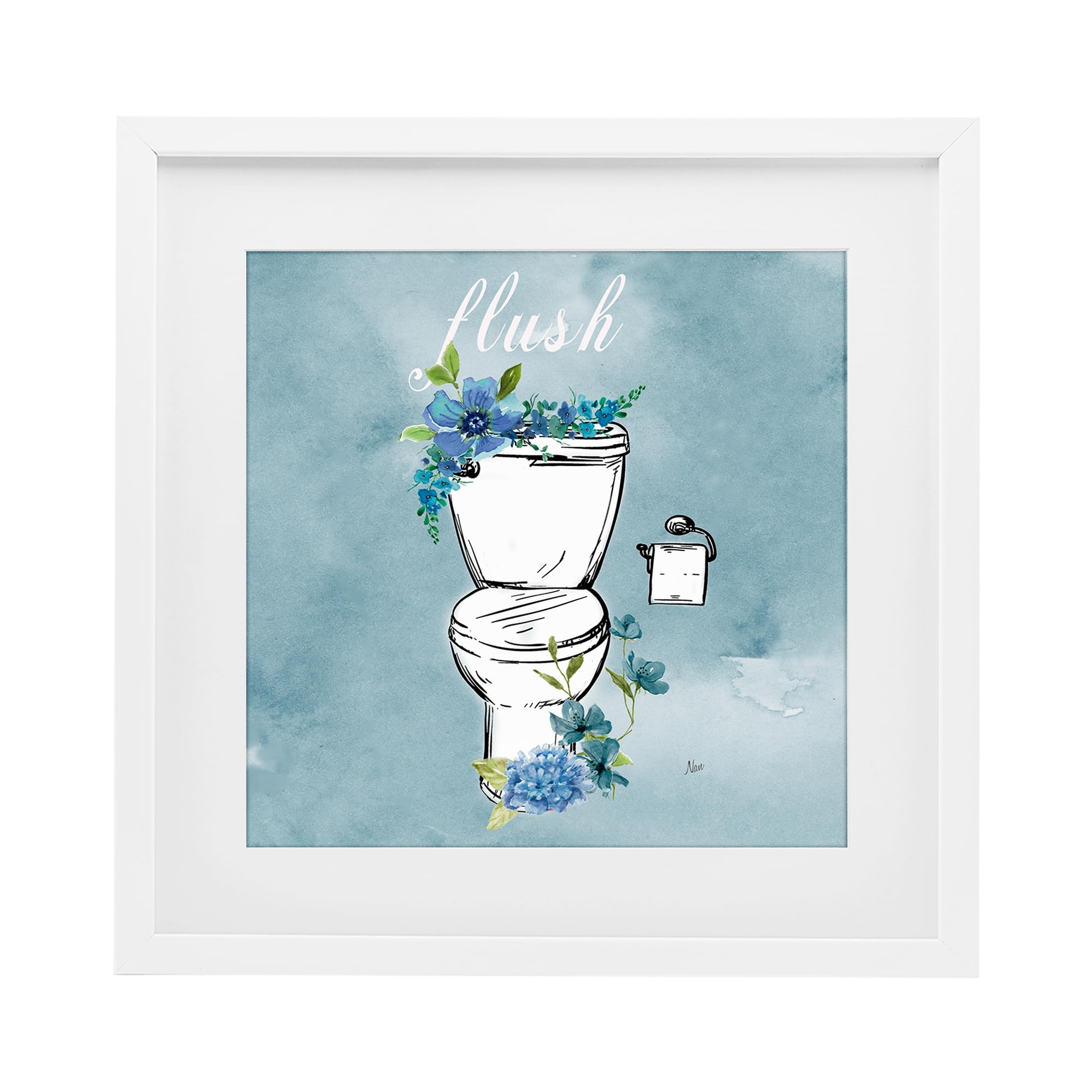 Stupell Industries 'Floral Bathroom Rules Flush', Framed Print Under Glass, White, 16 x 16 Inches, Easy to Hang and Sturdy, Made in USA, by Nan