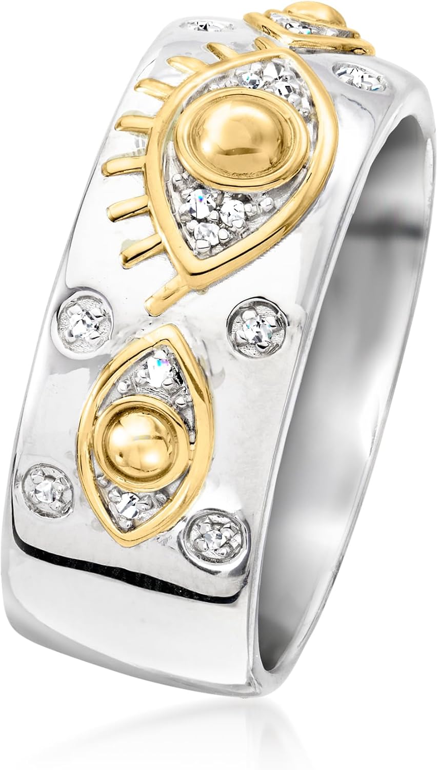 Ross-Simons Sterling Silver and 18kt Gold Over Sterling Evil Eye Ring With Diamonds