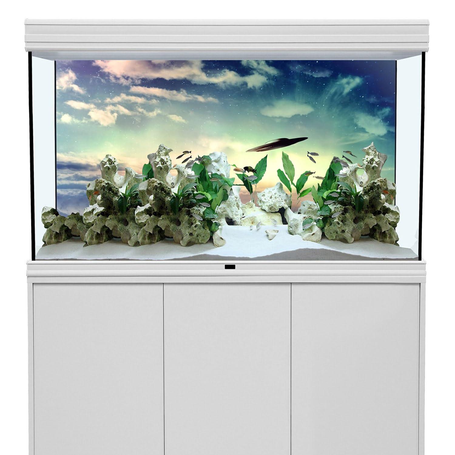 AWERT 72x18 inches Outer Space Aquarium Background UFO in Sky Clouds Fish Tank Background Science Fiction Terrarium Background