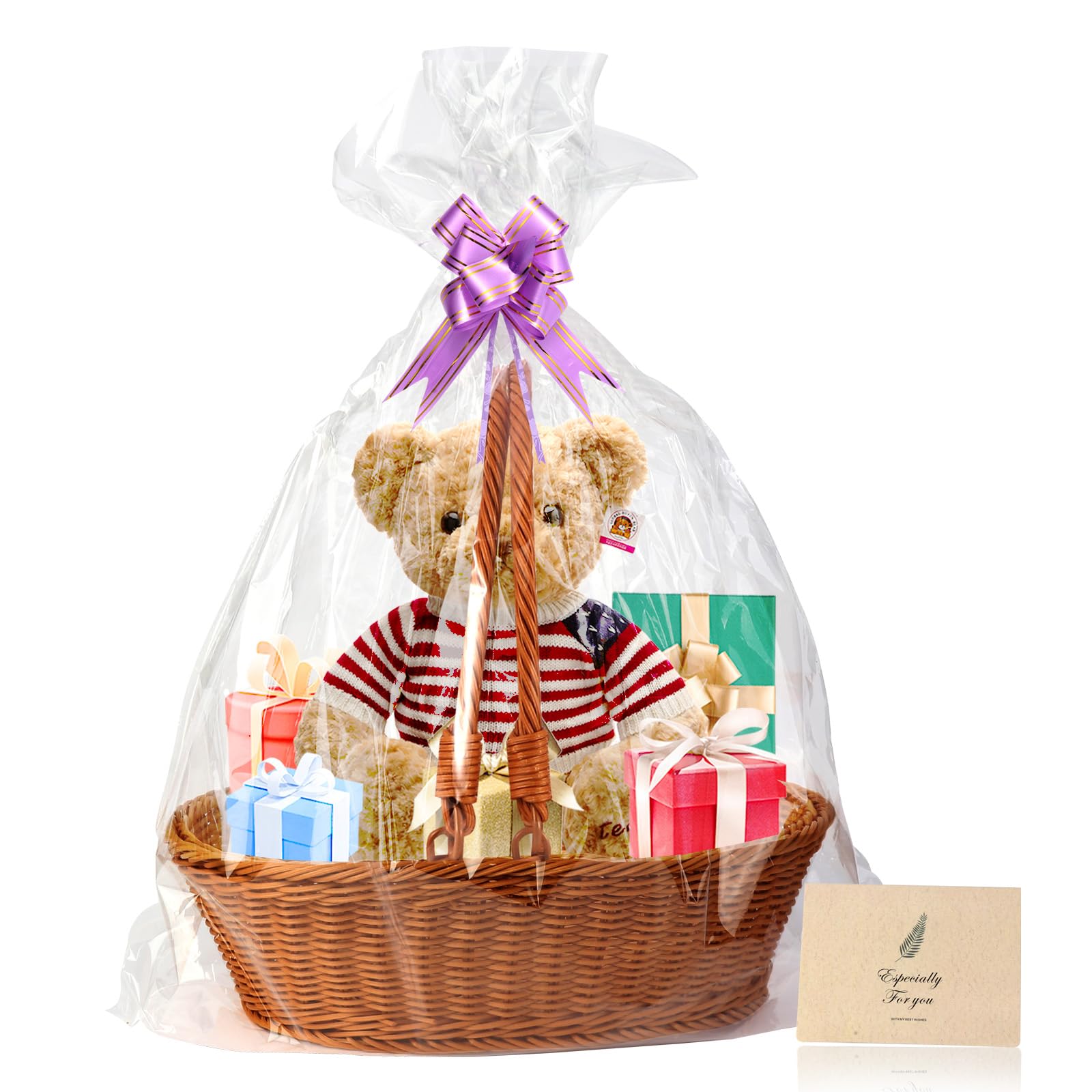 Boensi Gift Baskets Empty with Handle,38x28x12cm Gift Basket Kit with 1 x Hamper Basket, 4 x Bows, 1 x Cellophane Bags and 1 x Greeting Card for Christmas, Birthday, Wedding, Easter Gift,Graduations