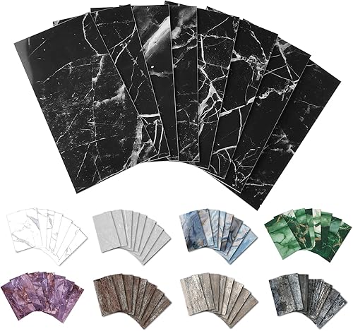 Miniatura 1 de URCOLOR Azulejos de pared de 32 piezas para despegar y pegar, 4 x 8 pulgadas, PVC negro brillante mármol palo en azulejos de metro para cocina,