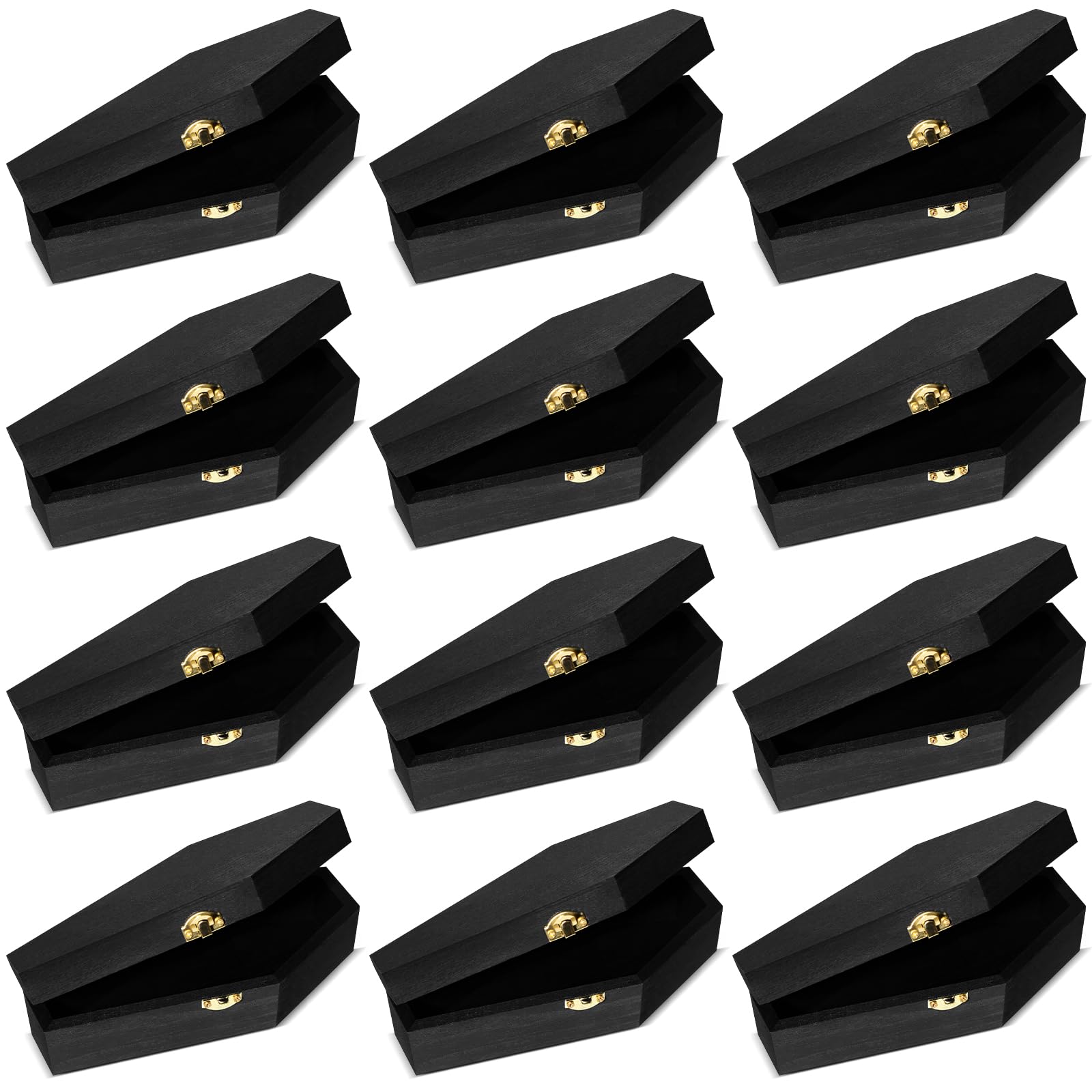 12 Pcs Unfinished Halloween Coffin Boxes Wood Coffin Shaped Boxes with Hinged Lids for DIY Crafts Wooden Coffin Boxes for Treats Favors Decoration Jewelry Pet Casket (Black,10 Inch)