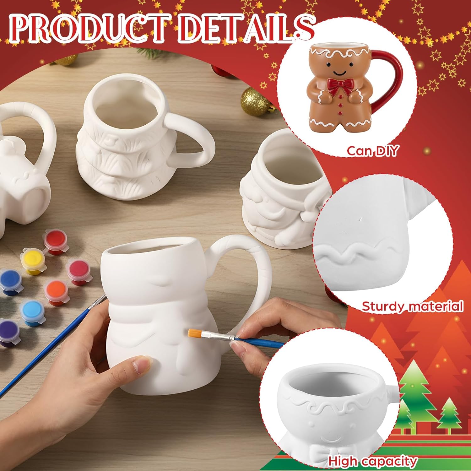 Jingmore 4 Sets Christmas Coffee Mug Paint Craft Kit Paint Your Own Snowman Santa Gingerbread Man Christmas Tree Mug Ceramic DIY for Adults Includes Ceramic White Cup and Painting Supplies for Xmas - Image 6