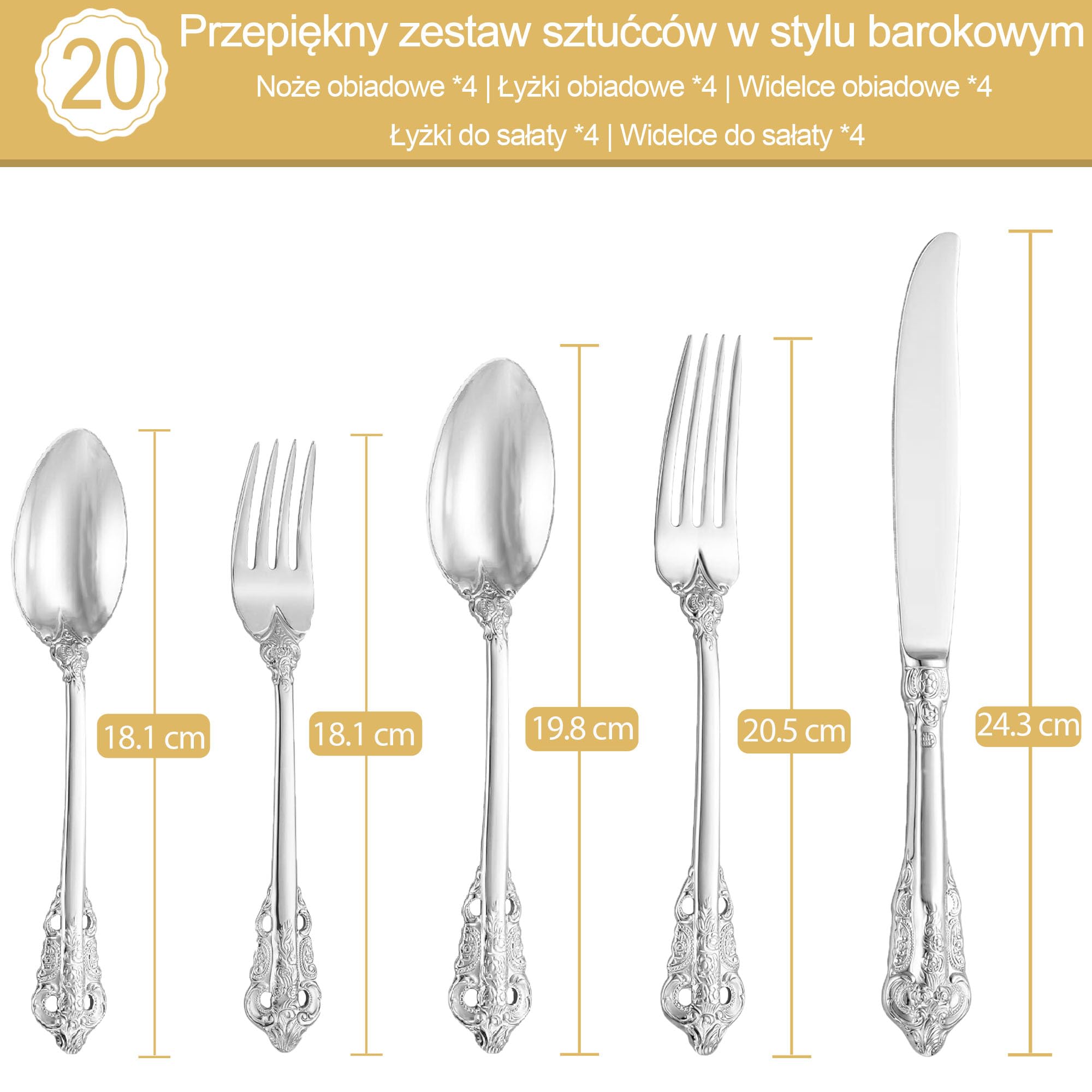 Gorgeous Baroque Srebrny 18/10 Stal nierdzewna 20-elementowy zestaw sztućców, Zestaw sztućców ze stali nierdzewnej odpornej na rdzę, w tym widelec, łyżka i nóż z pudełkiem prezentowym