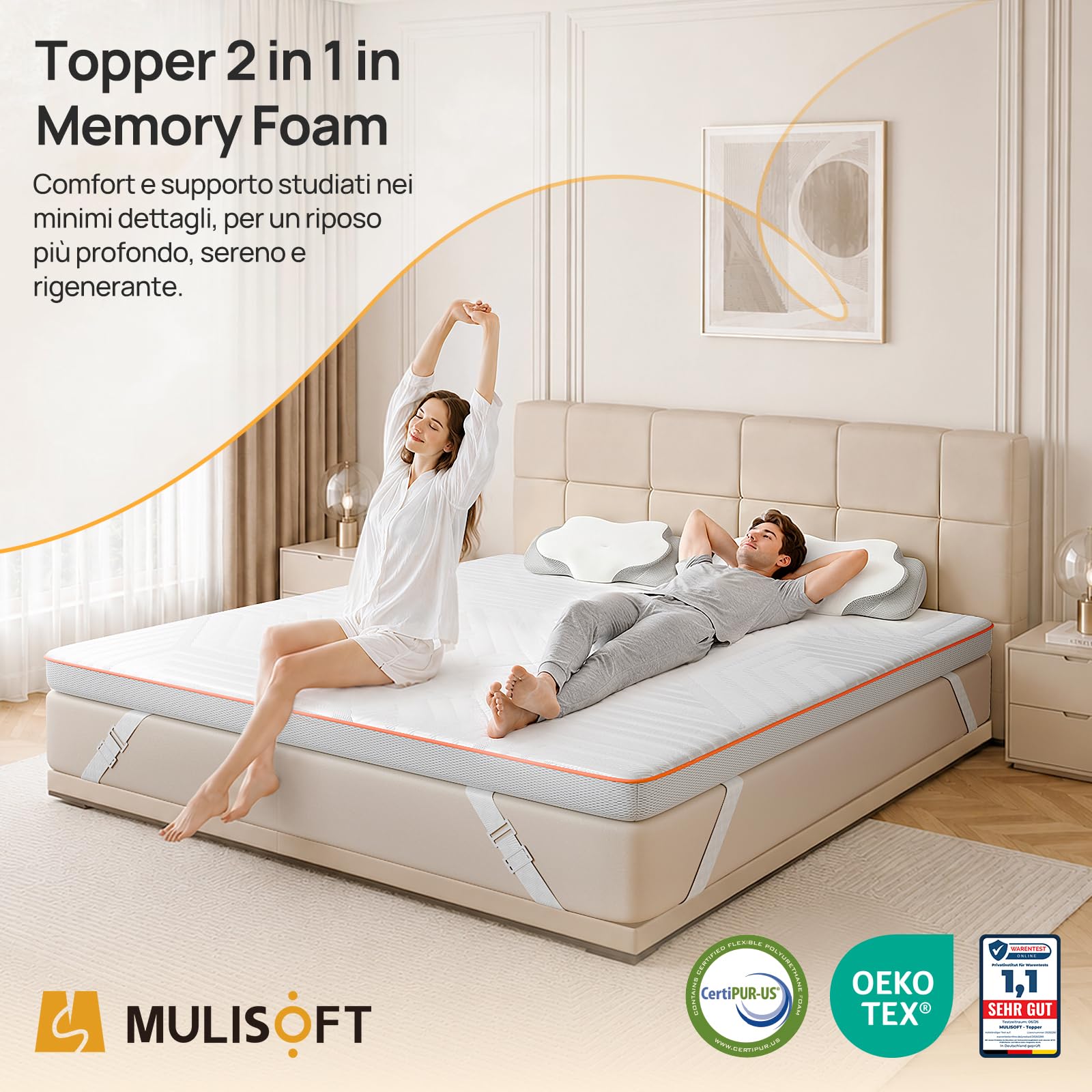 MULISOFT Topper matrimoniale 140x200 cm, H3/H4, 7,5 cm Memory Foam con Gel | Lavabile e Traspirante, Adatto a Letti Box, Divani Letto e Camper, OEKO-TEX® STANDARD 100