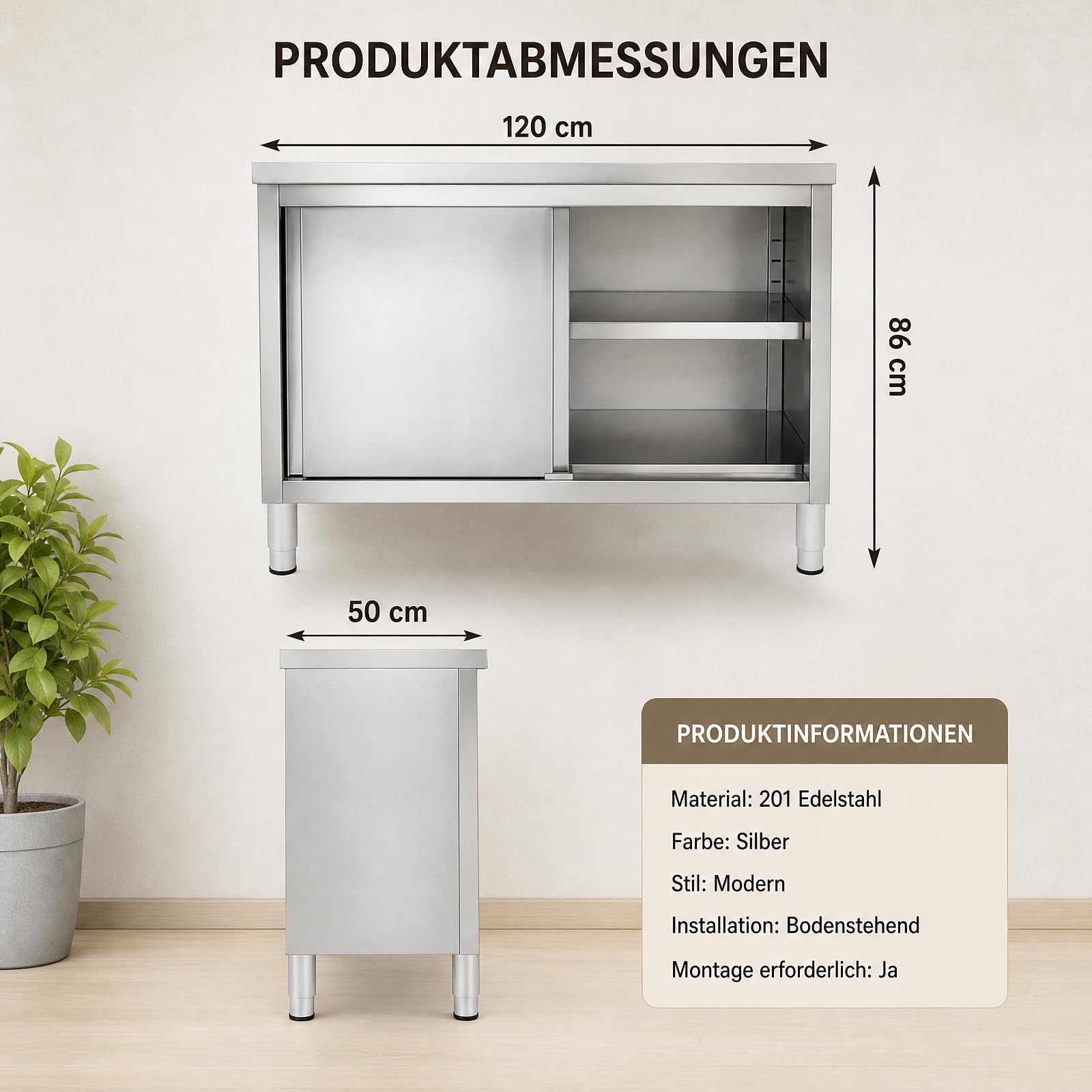Armario de cocina de acero inoxidable, 120 x 50 x 86 cm, acero inoxidable con puertas correderas y encimera, 5-20 cm, almacenamiento de altura ajustable, de pie, armario de trabajo de cocina, mesa de