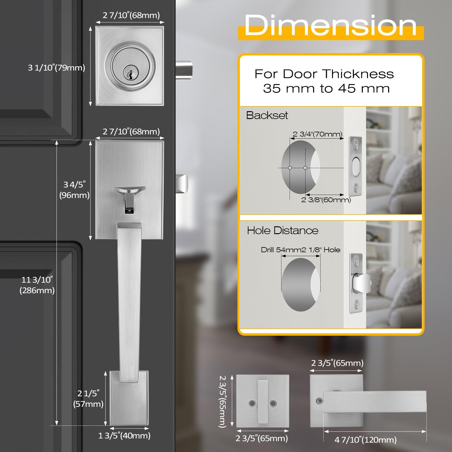 EHOMEWARE 1 Pack Satin Nickel Double Front Door Lock Set, Exterior Door Lock Set with Dummy, Double Entry Door Handle with Deadbolt, Heavy Duty French Door Handle Set, Left & Right Reversible
