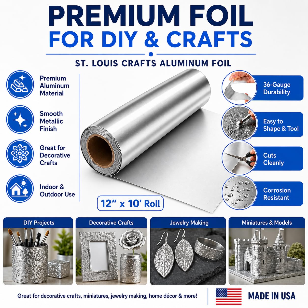 St. Louis Crafts 405830 Rouleau de feuille d'aluminium métallique de calibre 36, 30,5 cm x 3 m