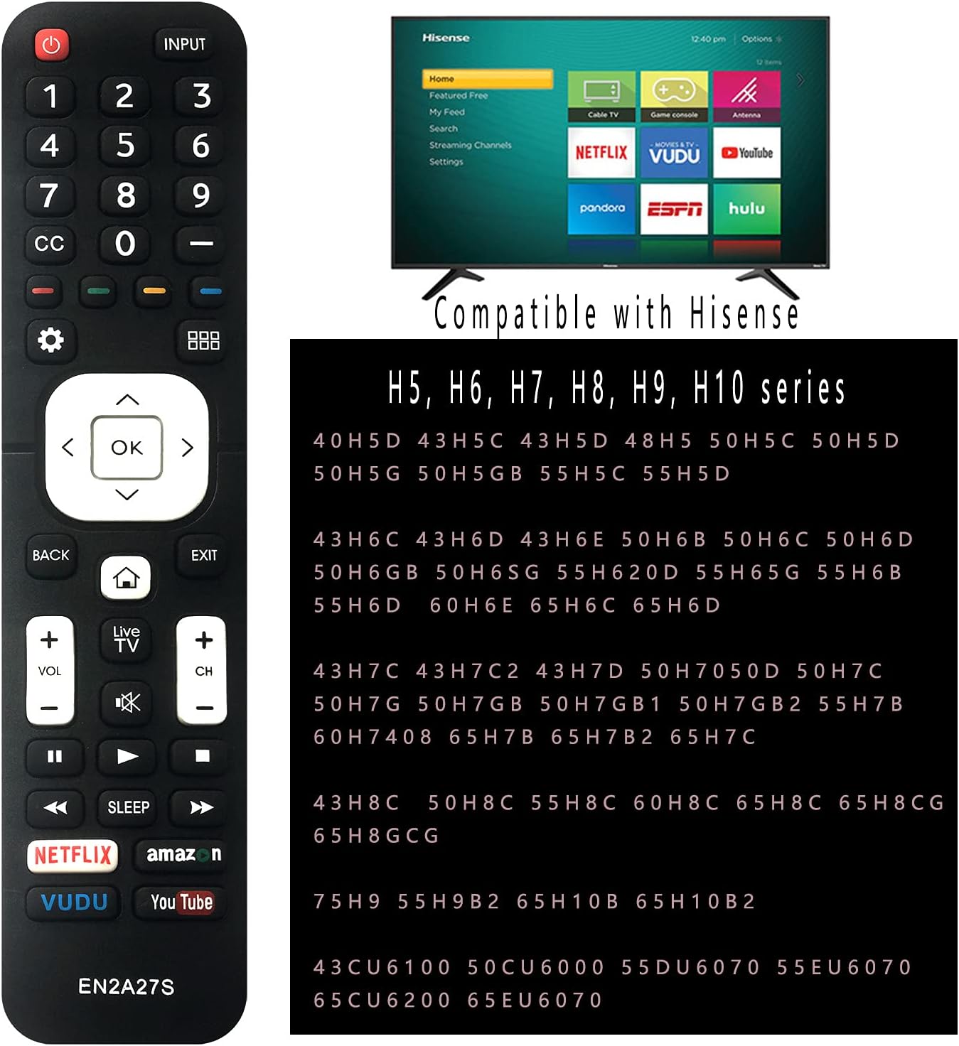 for Hisense TV Remote Control,Compatible EN2A27S 40H5C,43H5C,43H7C,55H6B,50H7GB,50CU6000,50H5C,50H6C,50H7C,50H7GB,50H8C,55H5C,55H6B,55H7B,55H7C,55H8C,55H9B2,65CU6200 : Electronics