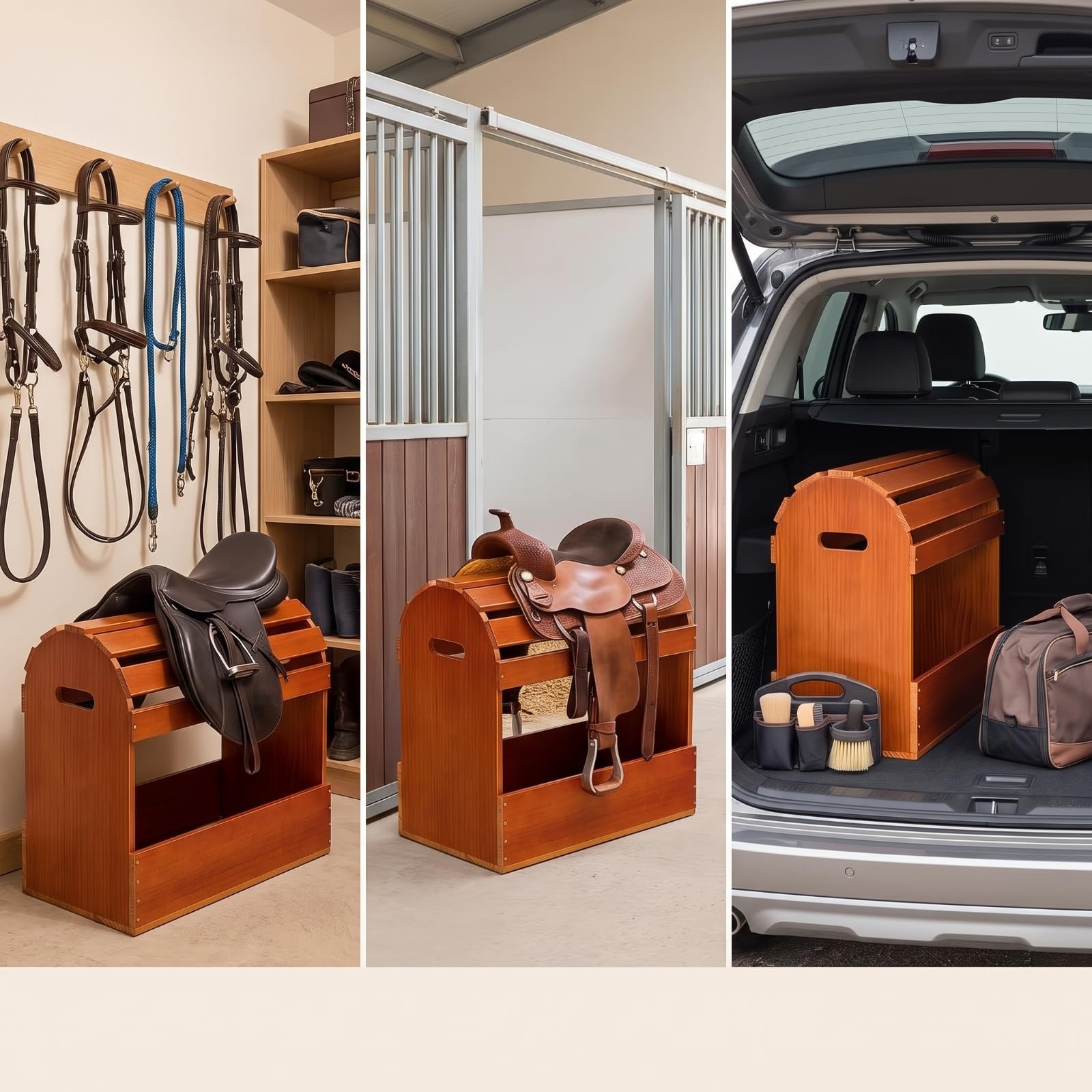 Amagogo Soporte para Montura Organizador Soporte Estante Perchero Caballo con Madera Natural Resistente y Lateral Curvo Que Zona Frontal Abierta y Panel