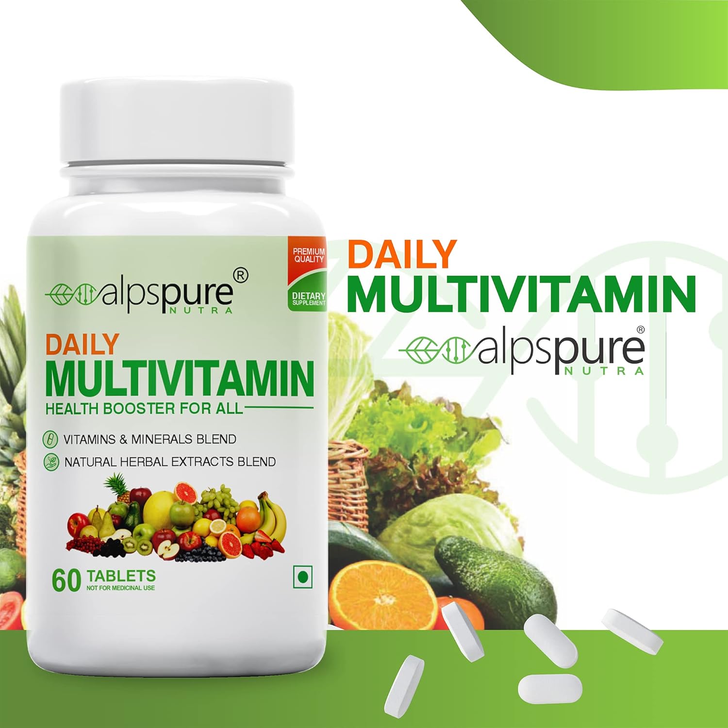Alpspure Nutra Daily Multivitamin for Men & Women (60 Tablets) with Minerals & Herbal Extracts | Boosts Energy, Stamina & Immunity | Complete Health Booster with Clinically Researched Ingredients Alpspure Nutra Daily Multivitamin for Men & Women (60 Tablets) with Minerals & Herbal Extracts | Boosts Energy, Stamina & Immunity | Complete Health Booster with Clinically Researched Ingredients