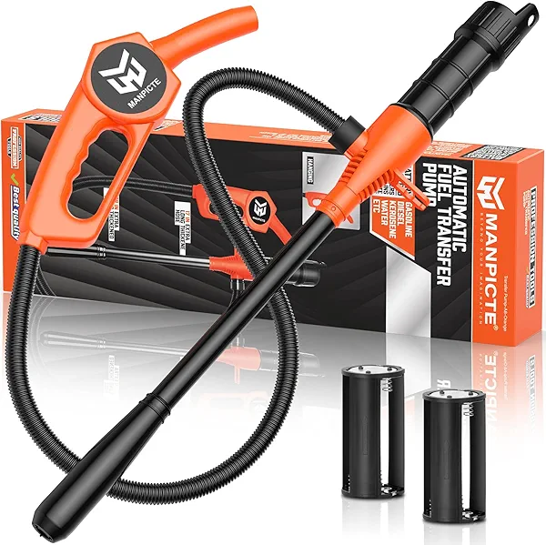 MANPICTE Portable Fuel Transfer Pump, Battery Powered Siphon Pump for Gasoline, Fuel, Gas, Diesel, Water Transfer, 2.4 GPM Flow Oil Extractor with Powerful Suction Ergonomic Nozzle 39 Inches Hose