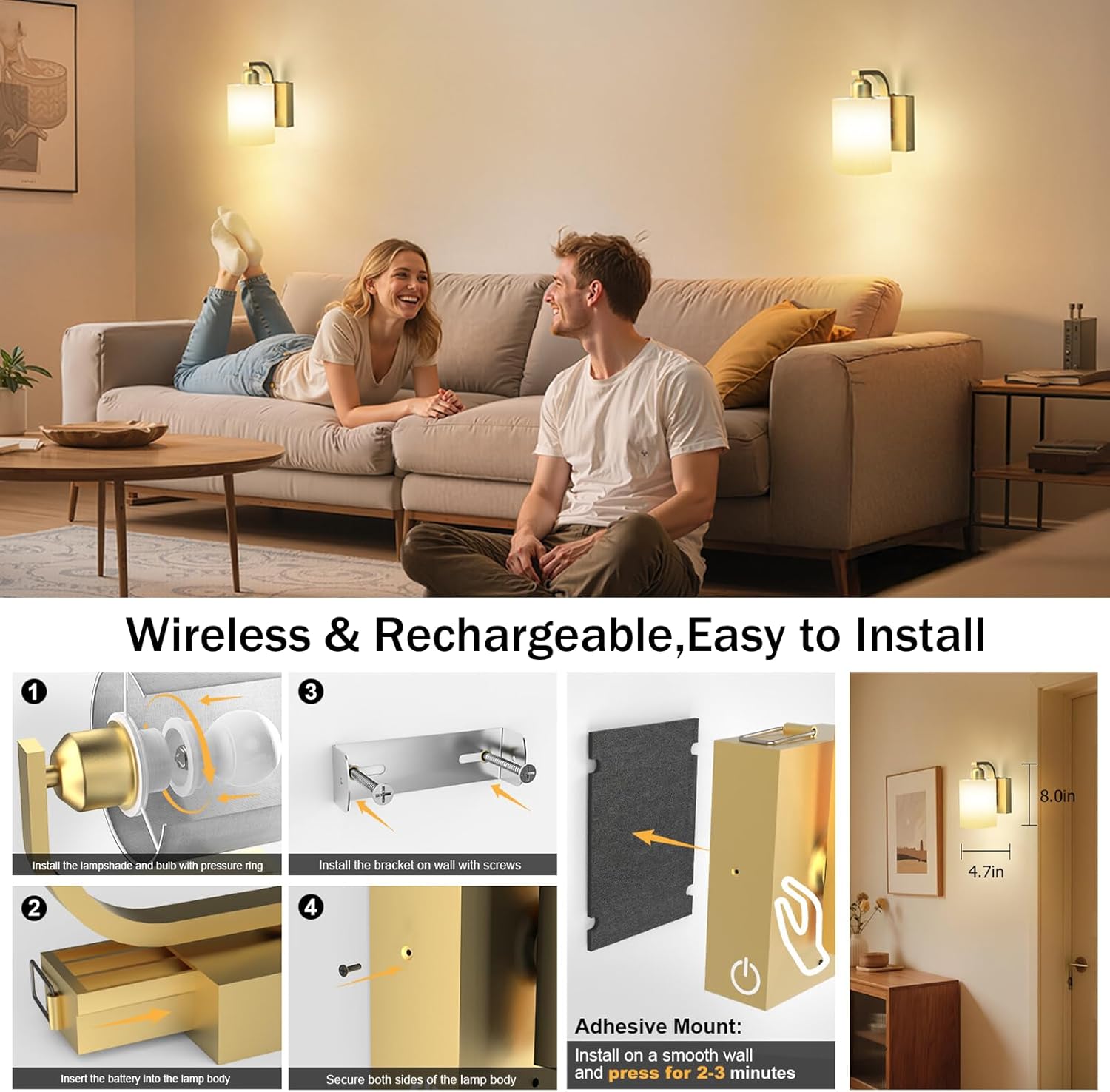iThird Battery Operated Wall Sconces Set of 2: 6000mAh Rechargeable Wall Light with Touch and Remote, Wireless Wall Lamp for Bedroom, Gold Modern Cordless Wall Scones for Living Room Hallway Bathroom