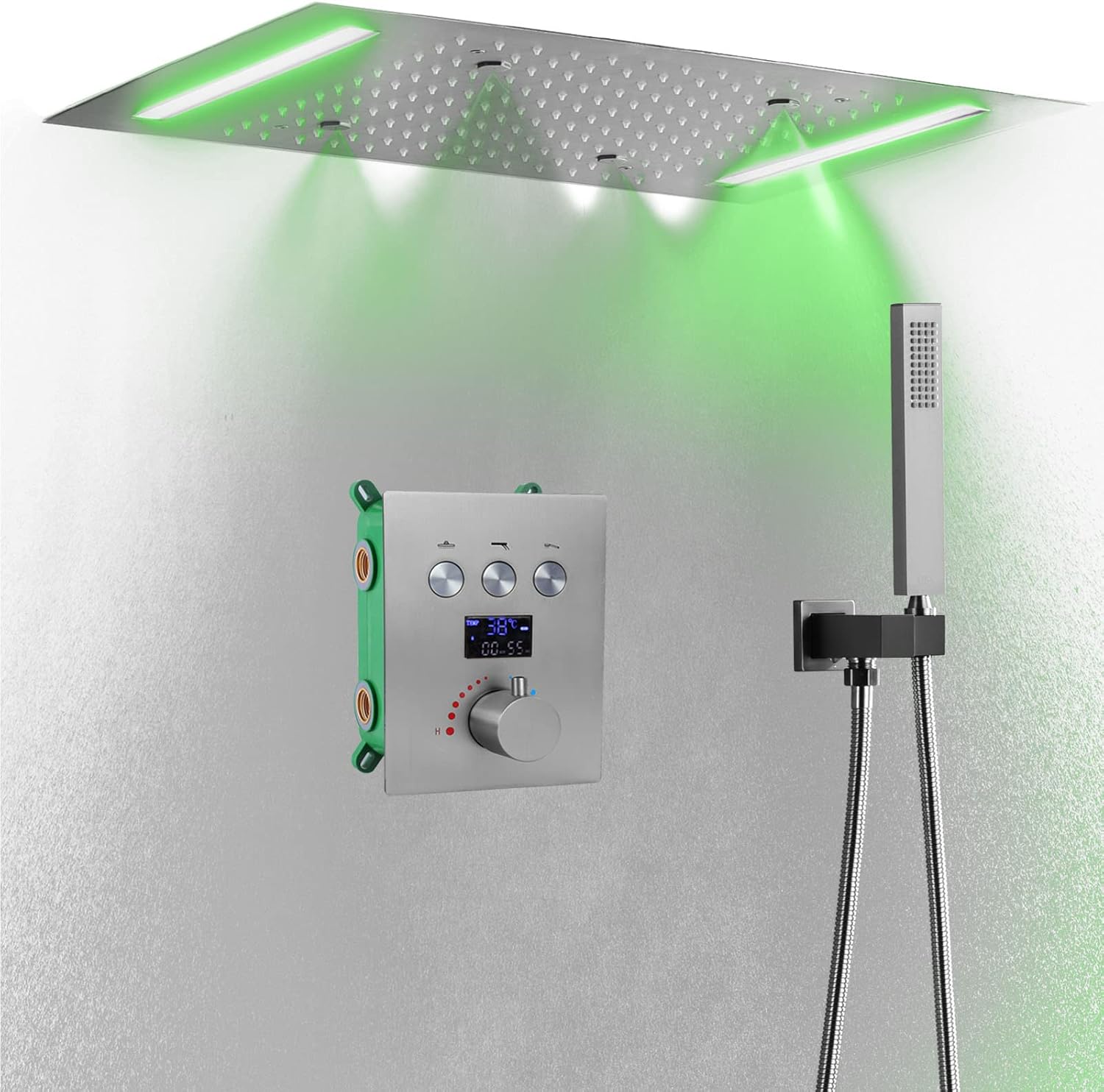 Matte Black 14 X 20 Inch Rain LED Ceiling Shower Head With Hand Held Sprays Large Luxury Rainfall Shower System Fixtures Thermostatic Mixer Set Kit Included