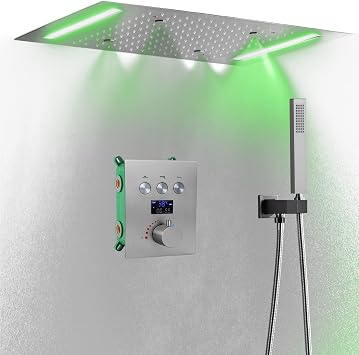 Digital Display Thermostatic Rain Shower System Set 14 X 20 Inch LED Ceiling Shower Head with Hand Shower Mist And Rain Shower Head, Brushed Nickel