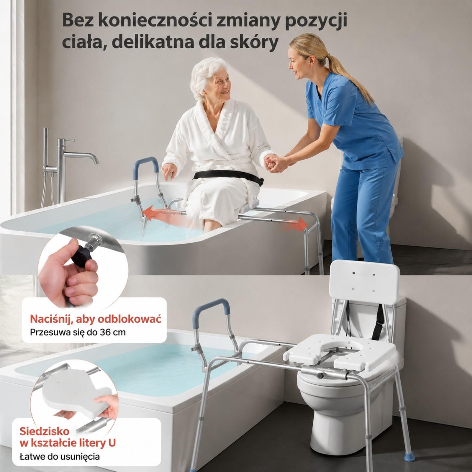 Ławka transferowa do wanny z przesuwanym siedziskiem, regulowaną wysokością, podłokietnikami i oparciem
