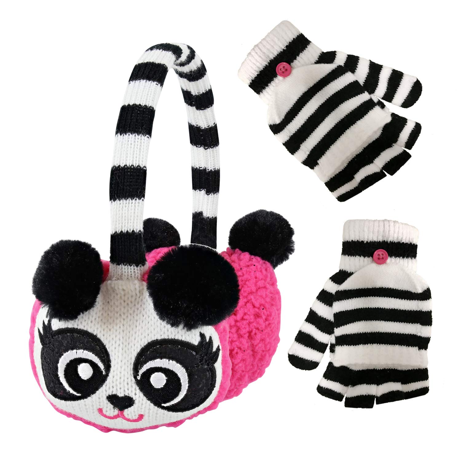 PEAK 2 PEAK Boys and Girls Animal Winter Earmuff and Cut Finger Gloves with Cover Set, Age 4-7