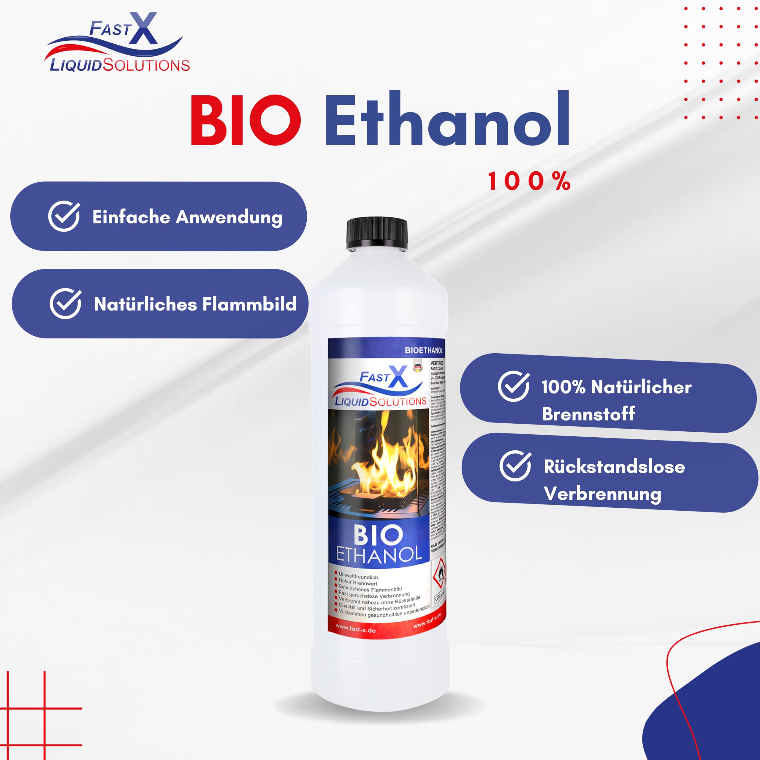 Fast X Bio Ethanol 30x1L - 100% Natürlich, für Ethanol-kamine & Tischkamine. Umweltfreundlich & geruchsfrei, sicher für Raum- & Gartenfeuer mit rückstandsloser Verbrennung