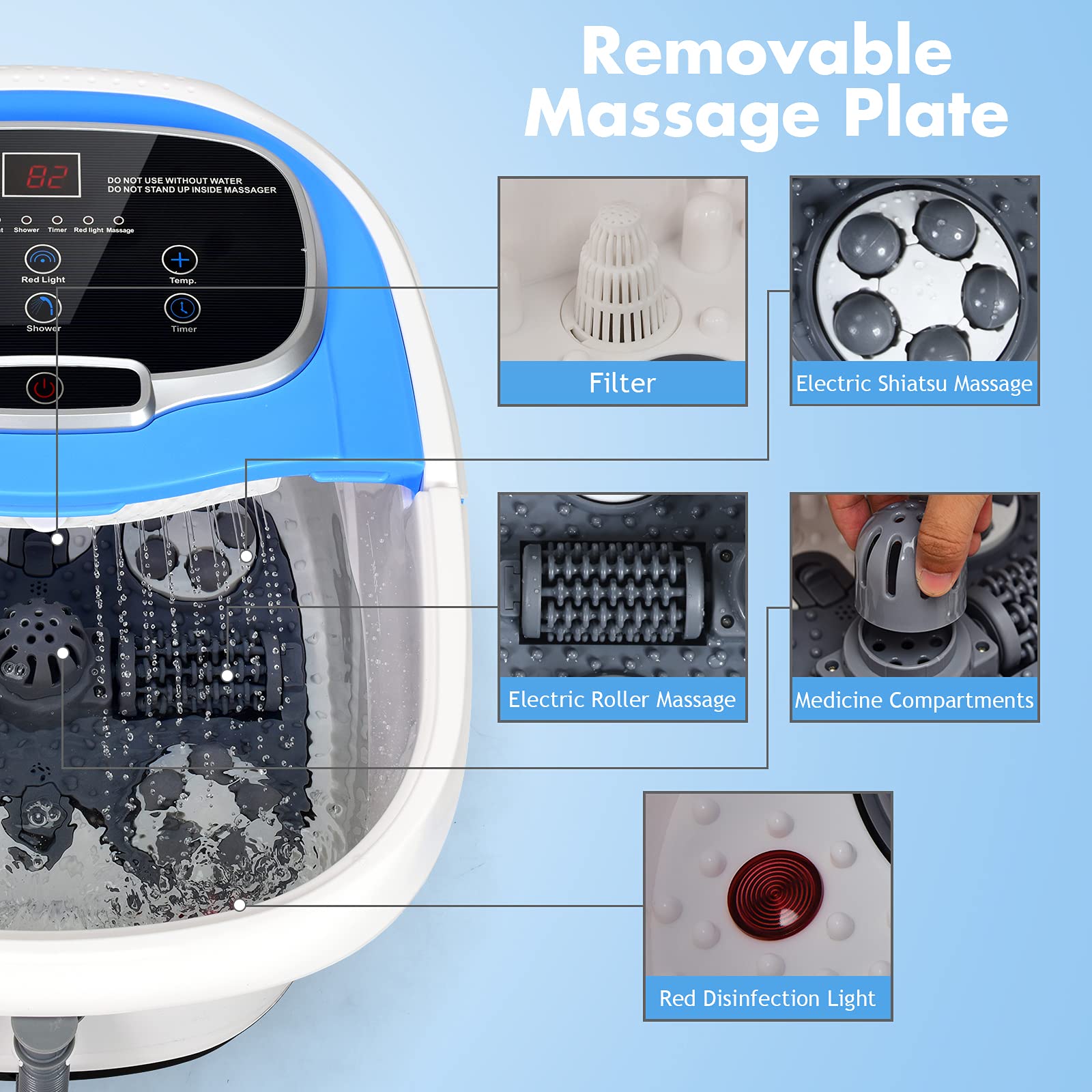 DREAMADE Fußwanne Elektrisch, Fußbad mit Massagefunktion, Fußbadewanne auf Rollen, Fußmassagegerät mit Dusche- und Heizfunktionen, 10-60min Timer/35-48℃ Einstellbar (Blau)