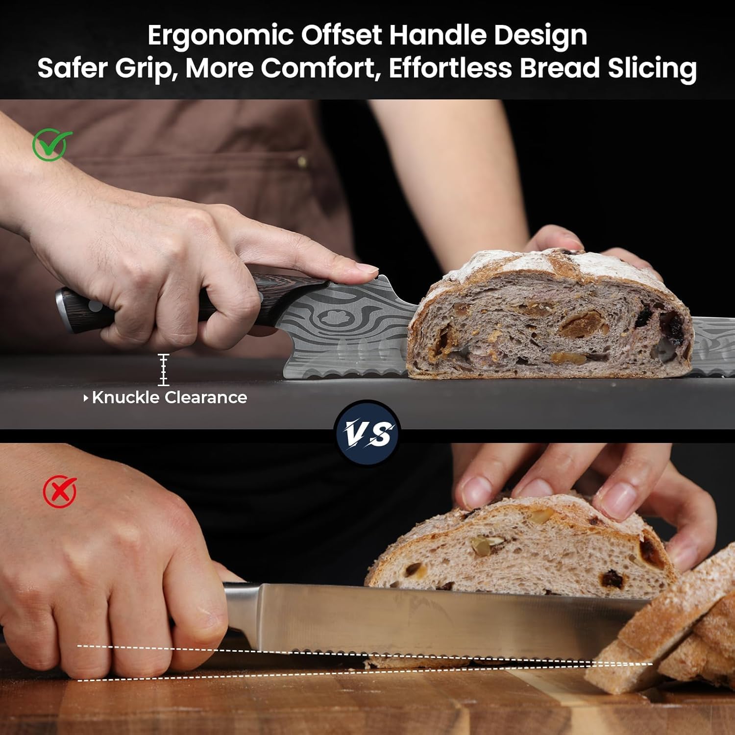 SYOKAMI Offset Brotmesser für selbstgebackenes Brot, 26,7cm Nachschärfbares Brotmesser Wellenschliff, Ultrascharf zum Schneiden von Sauerteig, Ideal zum Schneiden von Kuchen, Obst und Fleisch