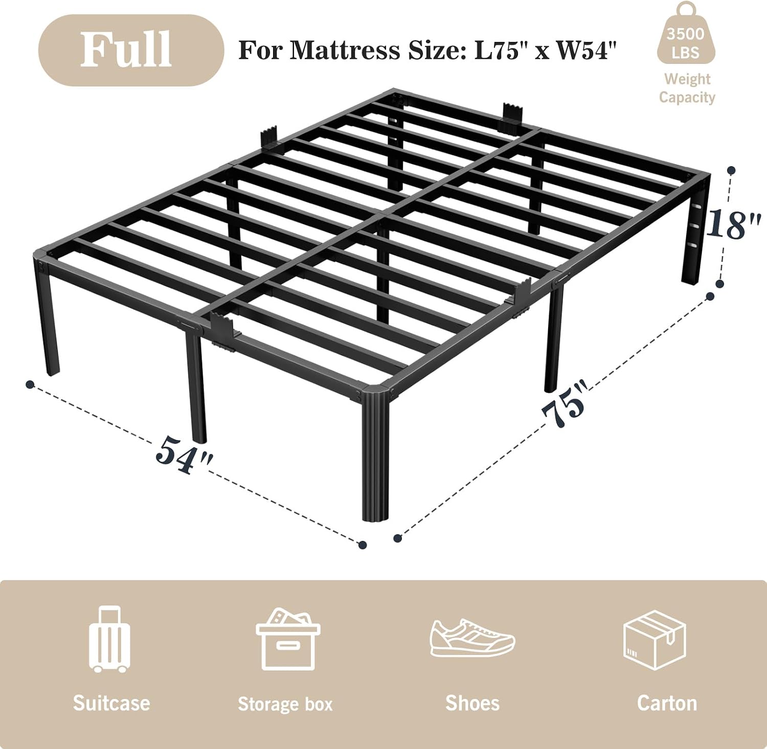 Full Metal Bed Frame 18 Inch, Heavy Duty Platform, No Box Spring Needed