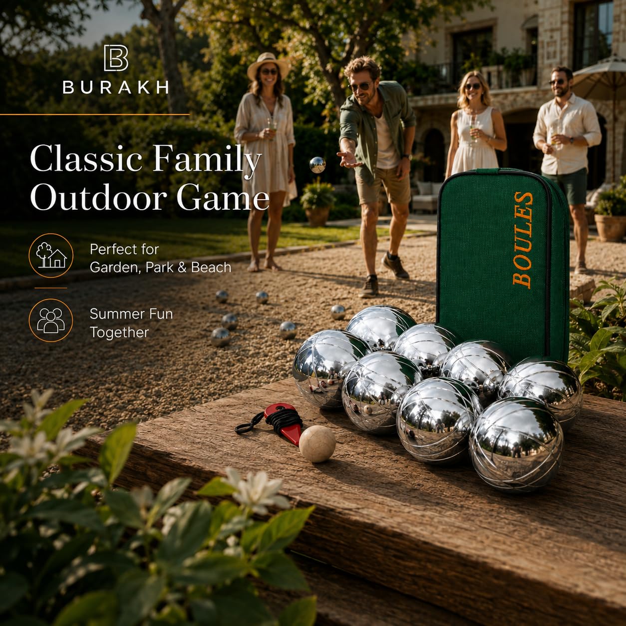 BURAKH Juego de 8 bolas francesas | Juego de bolas cromadas | Juego de petanca de acero inoxidable para jardín al aire libre | Juegos clásicos familiares al aire libre | Juego de pentanca | Diversión