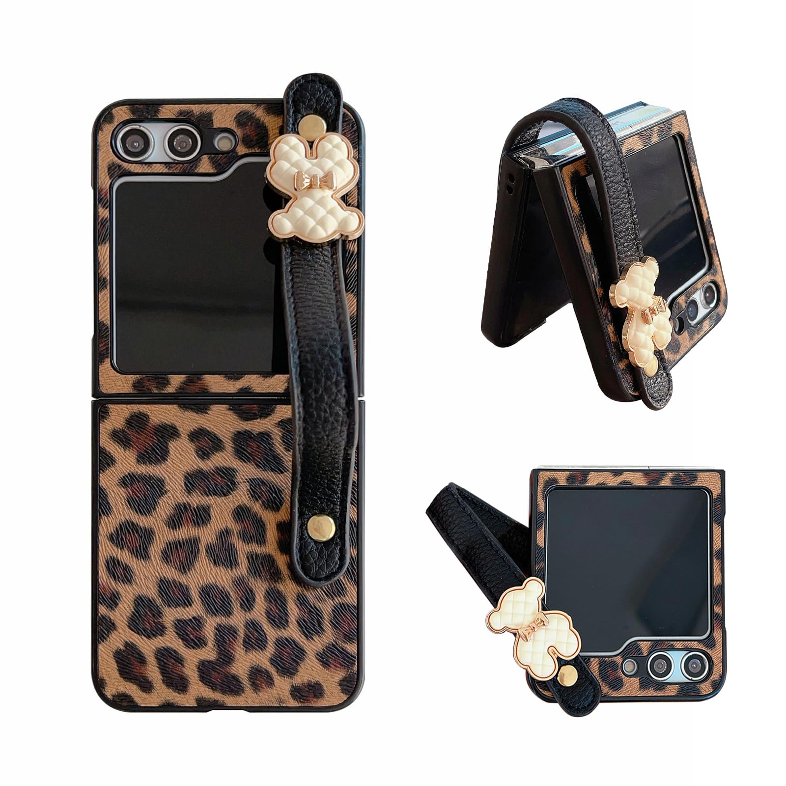 Yohulod for Z Flip 5 Case, Cute Galaxy Z Flip 5 Case with Strap Leopard Print Fashion Shockproof Protection Phone Case for Samsung Galaxy Z Flip 5