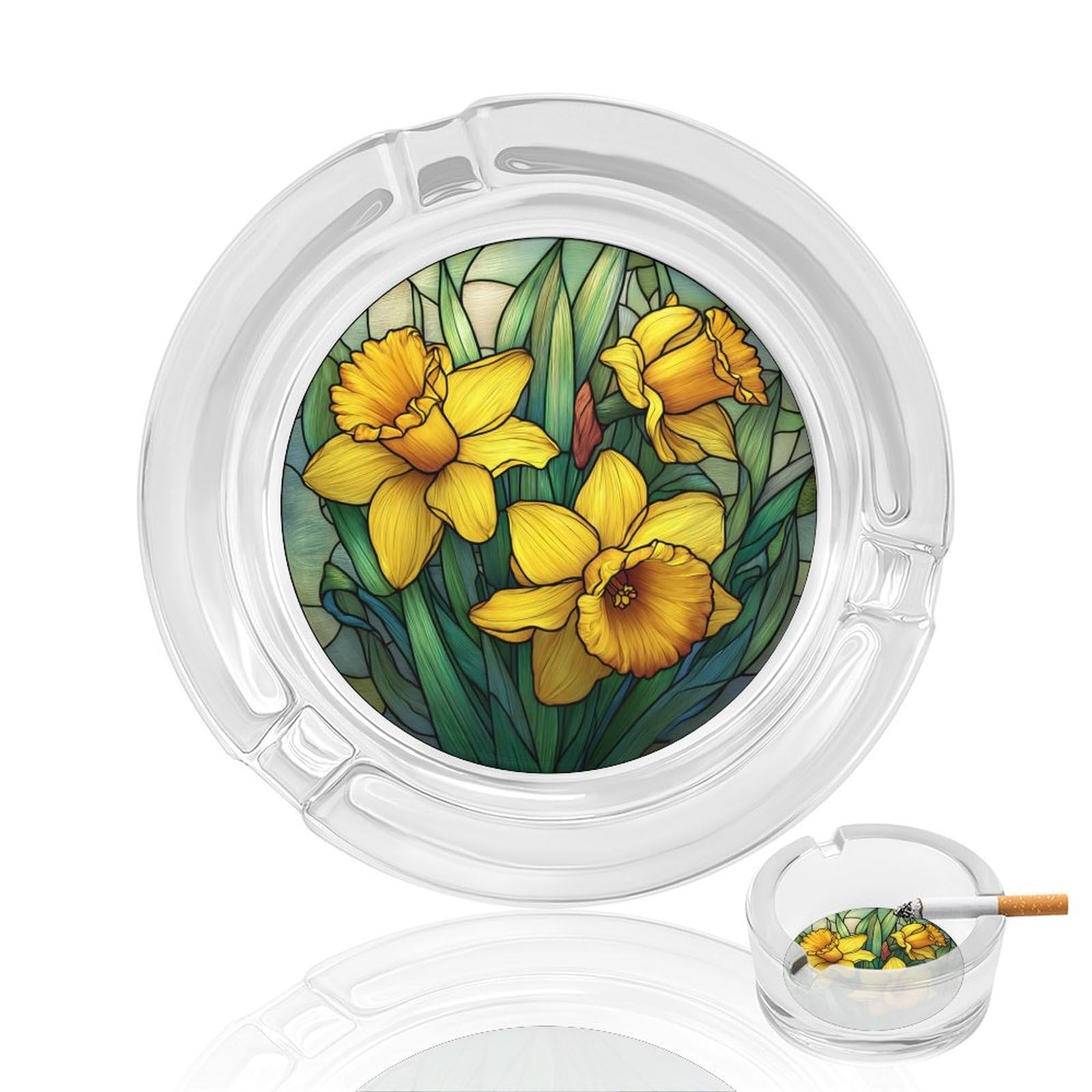 Stained Glass Daffodils Yellow Flower Glass Ashtray for Cigarettes Portable Decorative Ash Trays for Home Office Decor