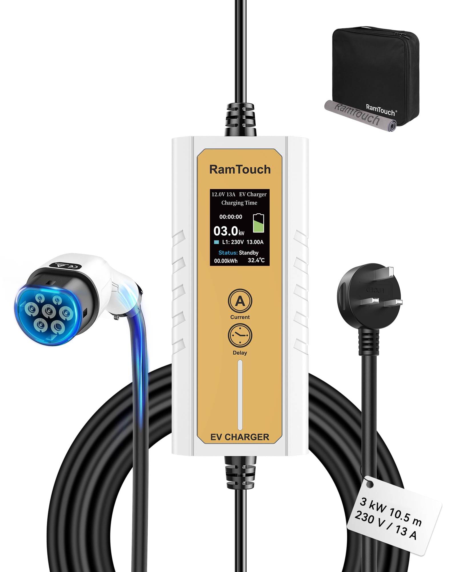 Electric Vehicle Charger (3 kW, Type 2, UK 3-Pin Plug, 10.5 m), IP65 Portable Car Charger with Adjustable Current (6A–13A) and Delayed & Timed Charging, Compatible with EVs and Hybrids - 1