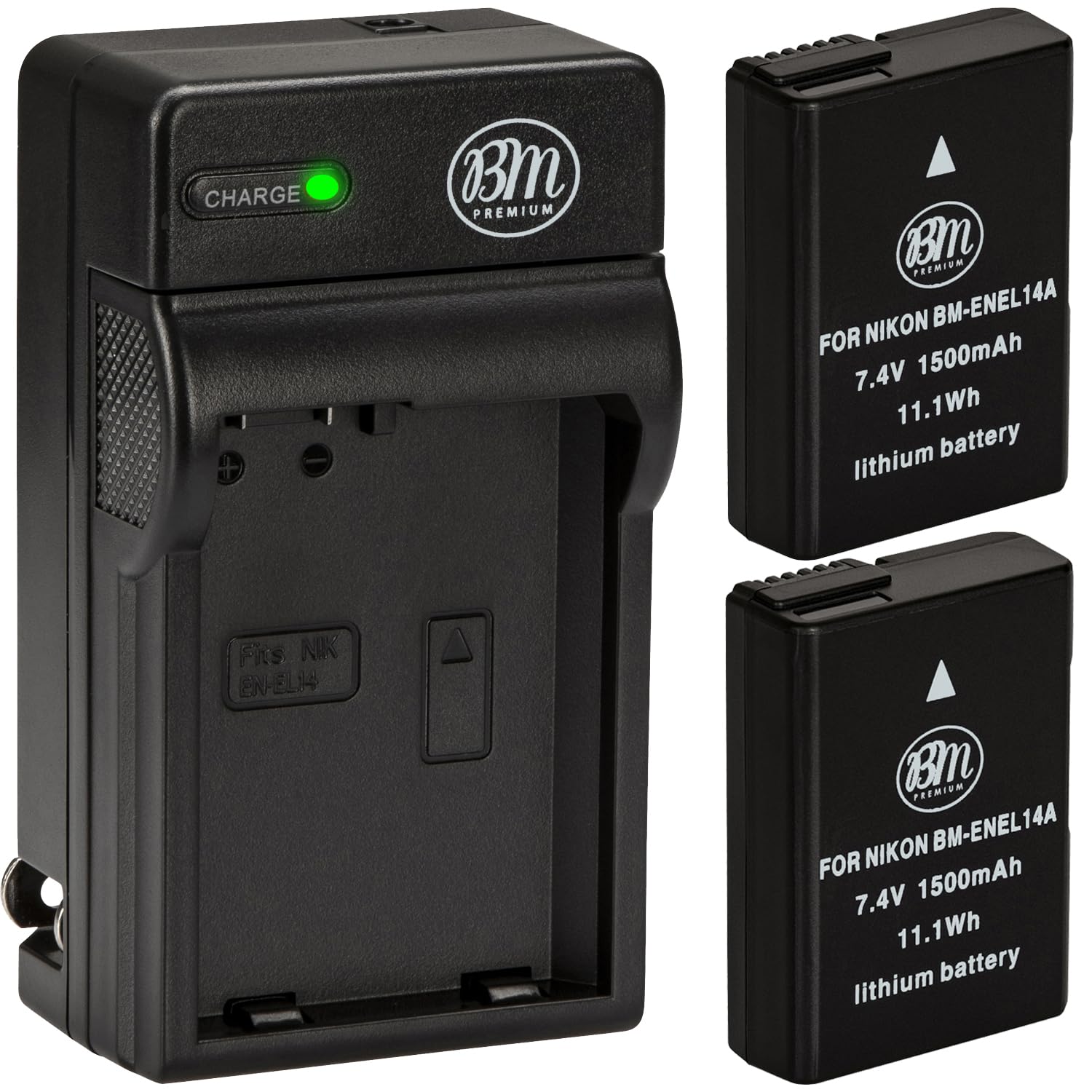 BM Premium Pack of 2 EN-EL14A Batteries and Charger for Nikon D3100, D3200, D3300, D3400, D3500, D5100, D5200, D5300, D5500, D5600, DF, Coolpix P7000,