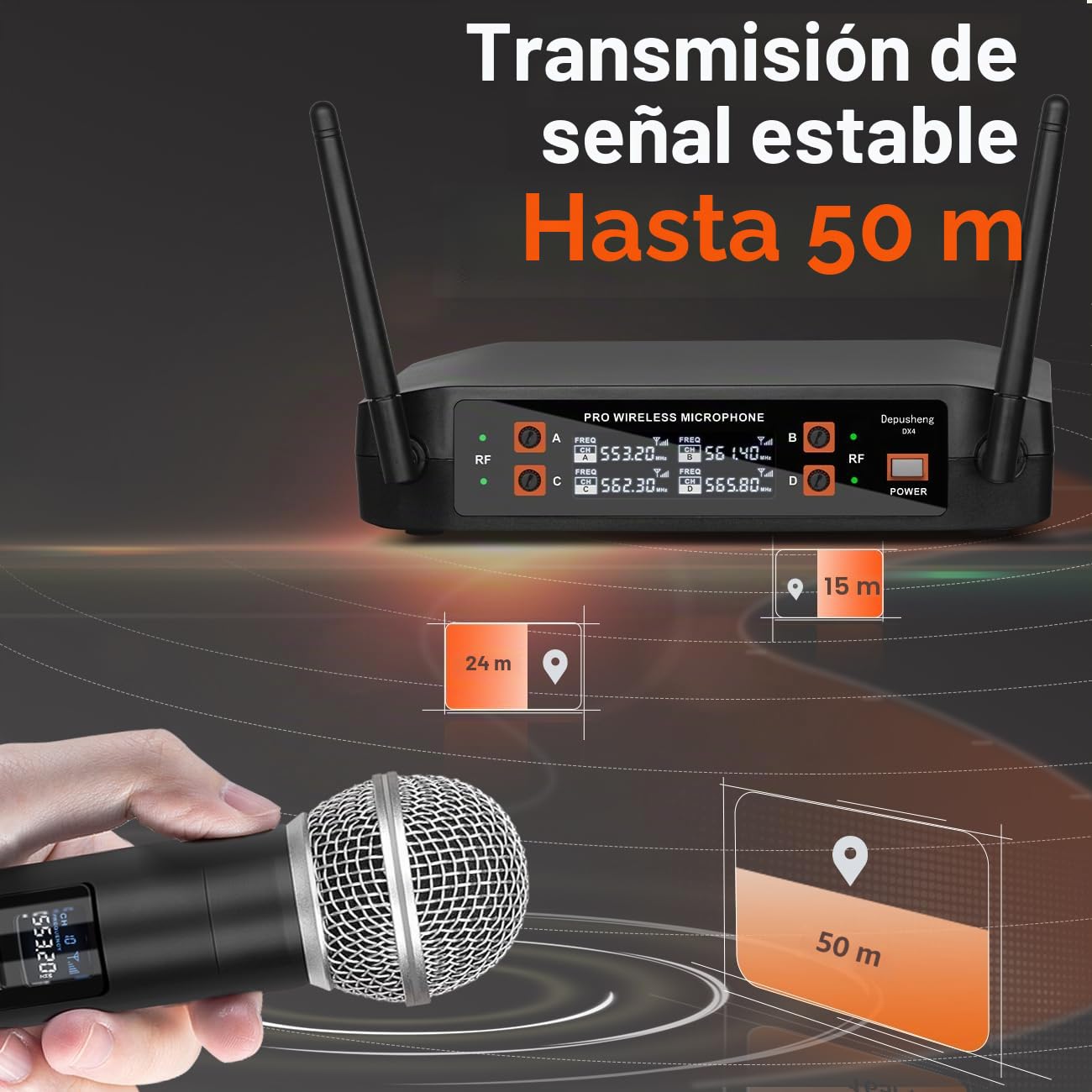 Depusheng Sistema de micrófono inalámbrico, micrófono inalámbrico de 4 canales, micrófono inalámbrico de frecuencia fija con 4 micrófonos de mano dinámicos, alcance de 50 m, micrófonos para voz