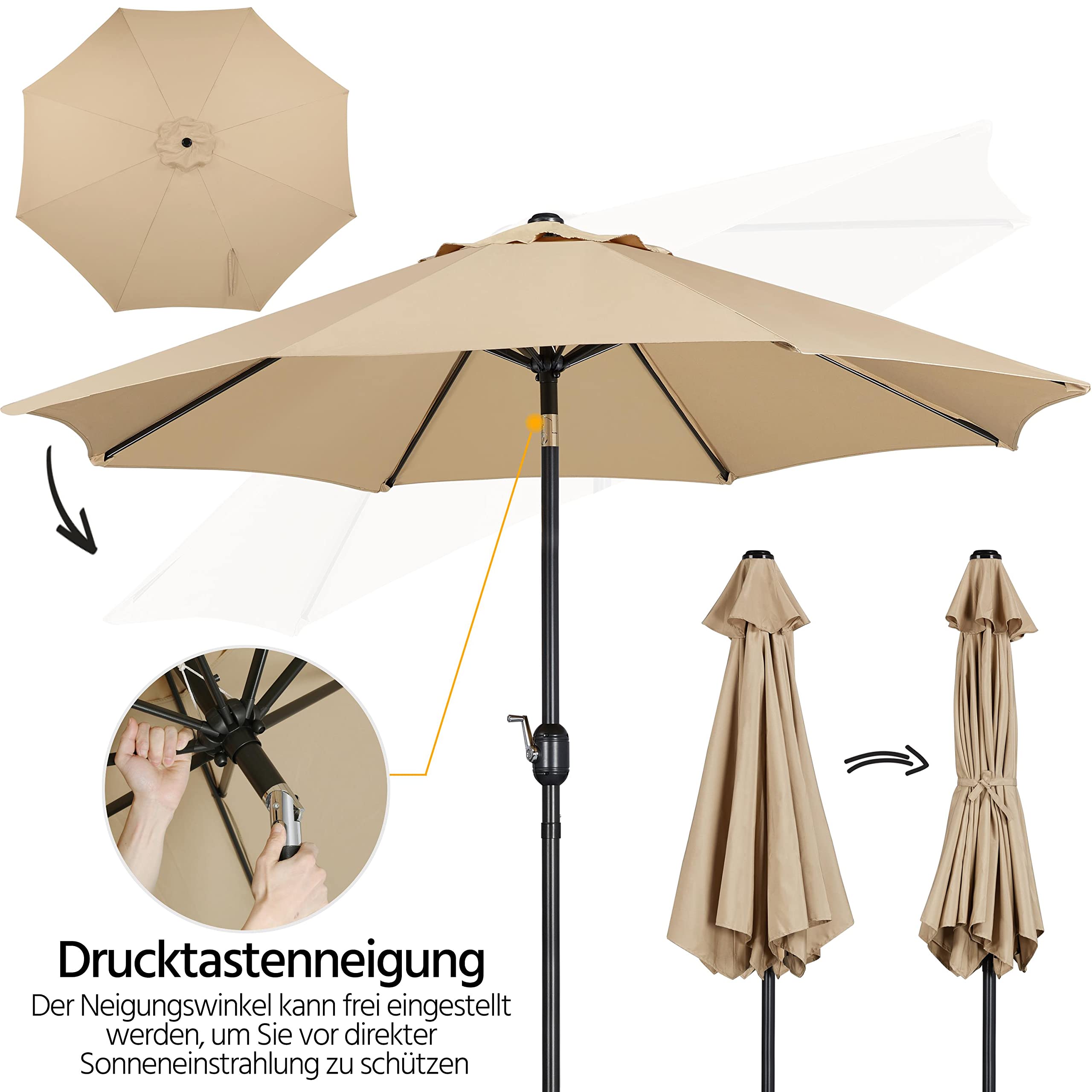 Yaheetech Gartenschirm Sonnenschirm mit Schirmständer Rund Marktschirm Neigbar Kurbelschirm Sonnenschirmständer Schirmgewicht für Outdoor und Balkon, 270 cm/Tan