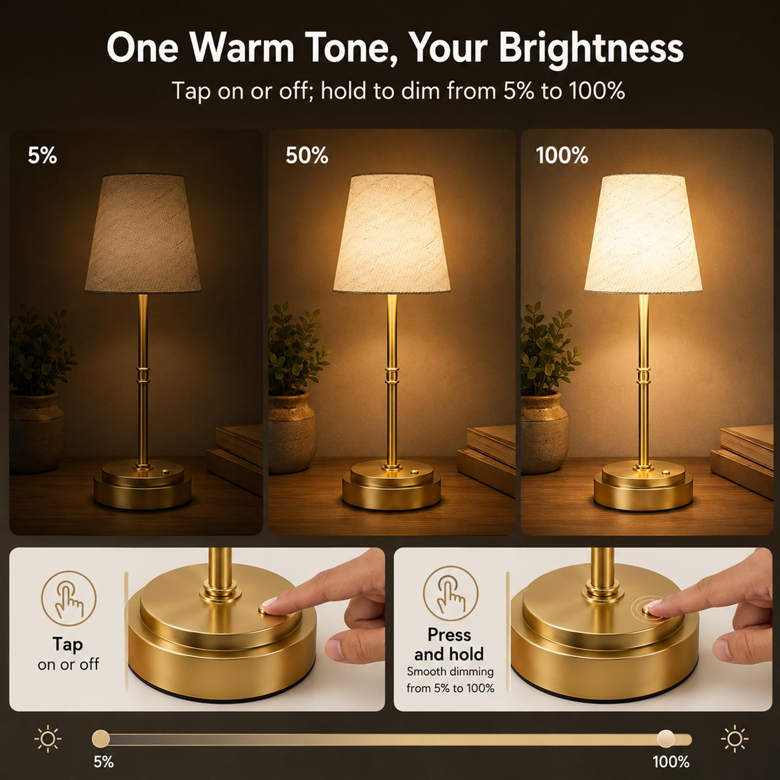 Lampe de table rechargeable sans fil, de la table de chevet à la table d'appoint, doré, 1 pièce