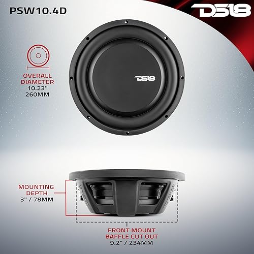 Miniatura 4 de DS18 PSW104D Subwoofer de montaje poco profundo de 10 pulgadas 1000 vatios de potencia máxima de 500 vatios RMS bobina de voz dual 44 OHMS