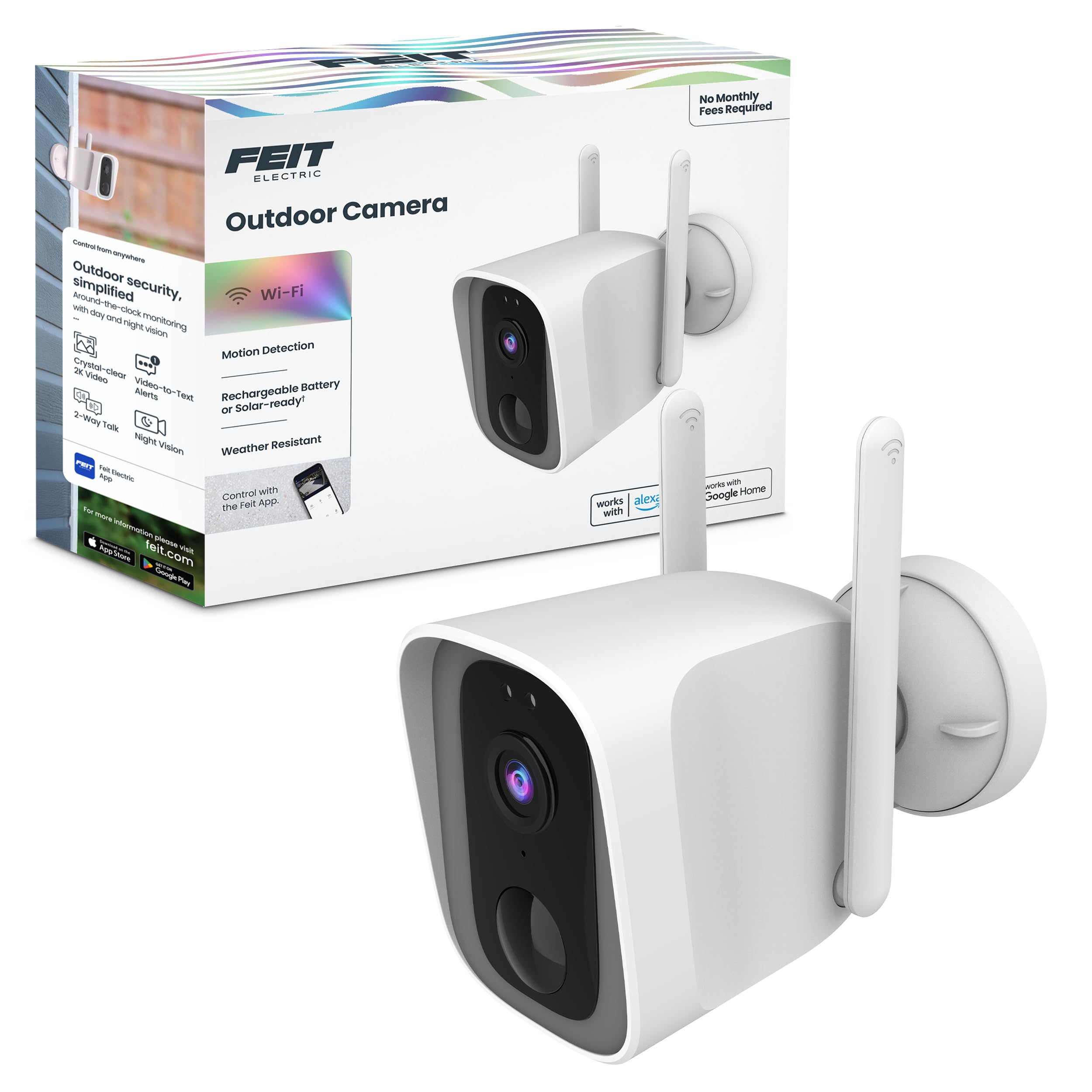 Feit Electric Outdoor Wireless Security Camera, 1080p HD, Motion Detection Alerts, Night Vision up to 30ft, Battery Powered, SD Card Storage, 2.4GHz WiFi, Mount with Magnetic Bracket White BATTERY POWERED