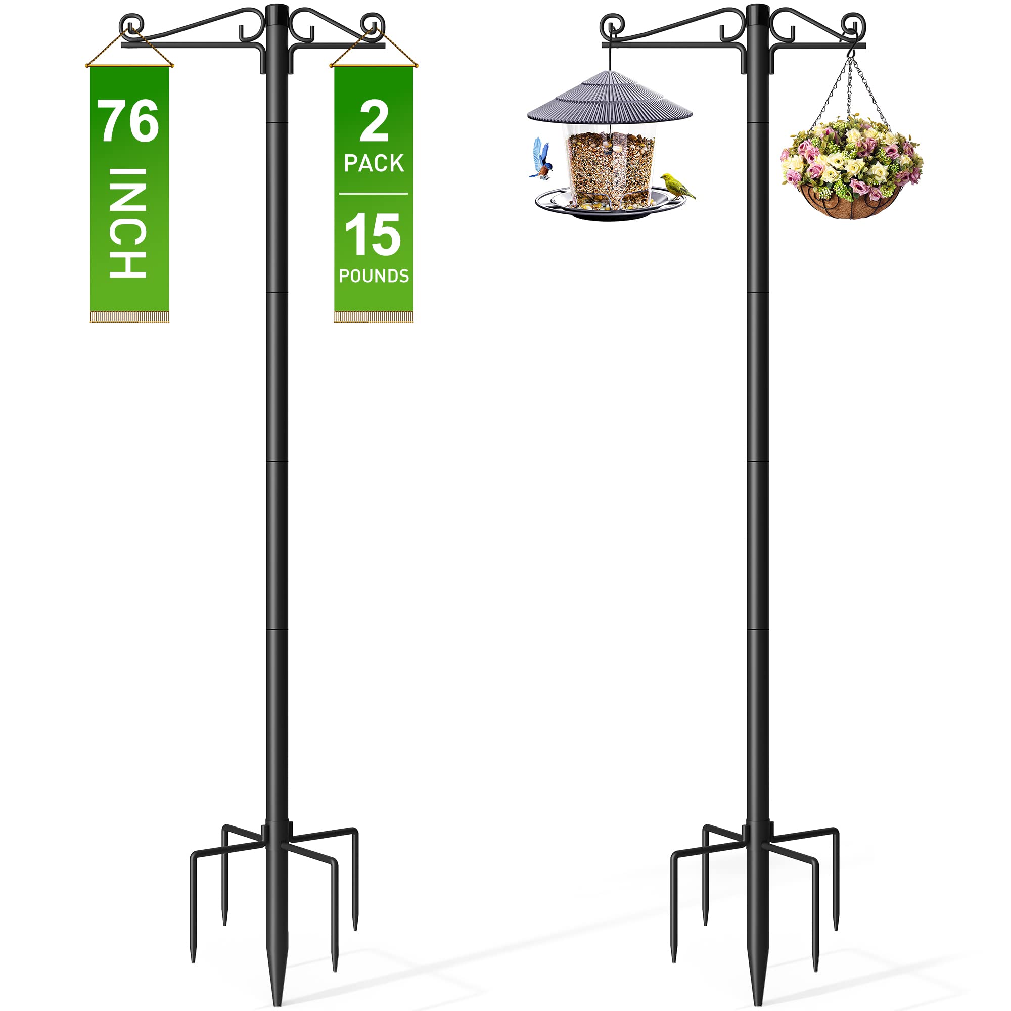 FEMOND Shepherds Hooks for Outdoor, 76 inch Bird Feeder Pole with 5 Prong Base,Heavy Duty Adjustable Garden Hanging Plant Hangers for Hummingbird Feeder, Plant Baskets, Solar Light Lanterns (2 Packs)