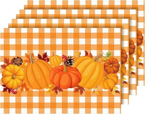 4 manteles individuales de otoño, 18.5 x 13 pulgadas, manteles individuales de lino naranja de Acción de Gracias, manteles individuales cálidos y disponible en Yaxa Peru