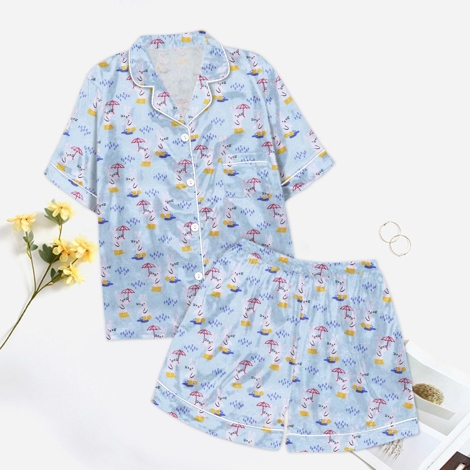 2-teiliges Pyjama-Set für Damen, Pyjama-Set mit Tiger-Blumen-Grafikdruck, kurzärmeligem Hemd Shorts mit Knöpfen