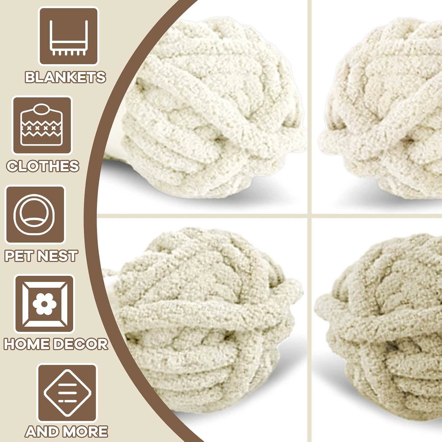 8 Pack Jumbo Beige Colorful Chunky Chenille Yarn - Super Bulky Thick Fluffy for Crocheting, Knitting & Hand Knitting Blankets - Soft Plush (27yds, 8oz Each)
