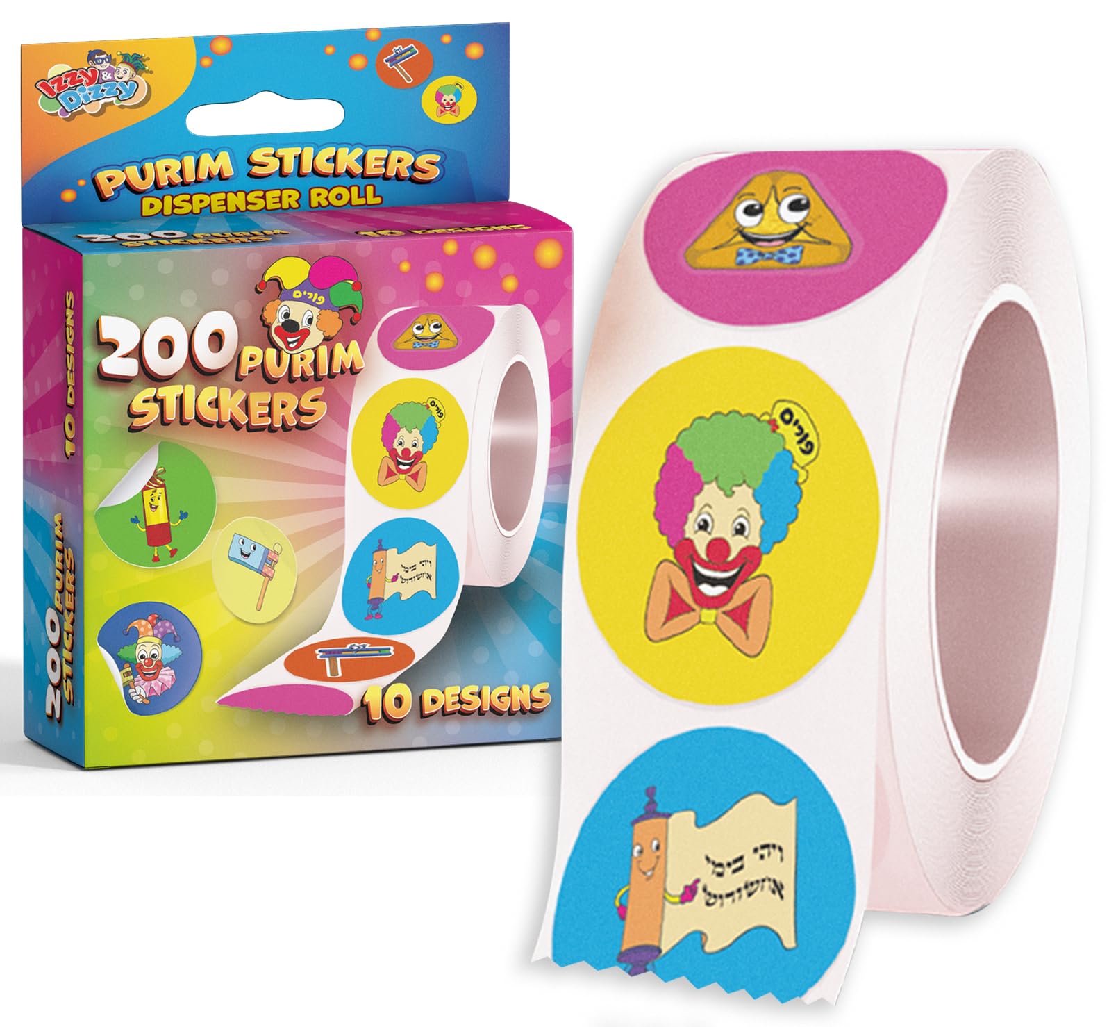 Izzy 'n' Dizzy Purim ステッカー - 200枚のステッカーロール- 10デザイン - マルチカラー - 漫画 - 屋内使用 - 使い捨て。