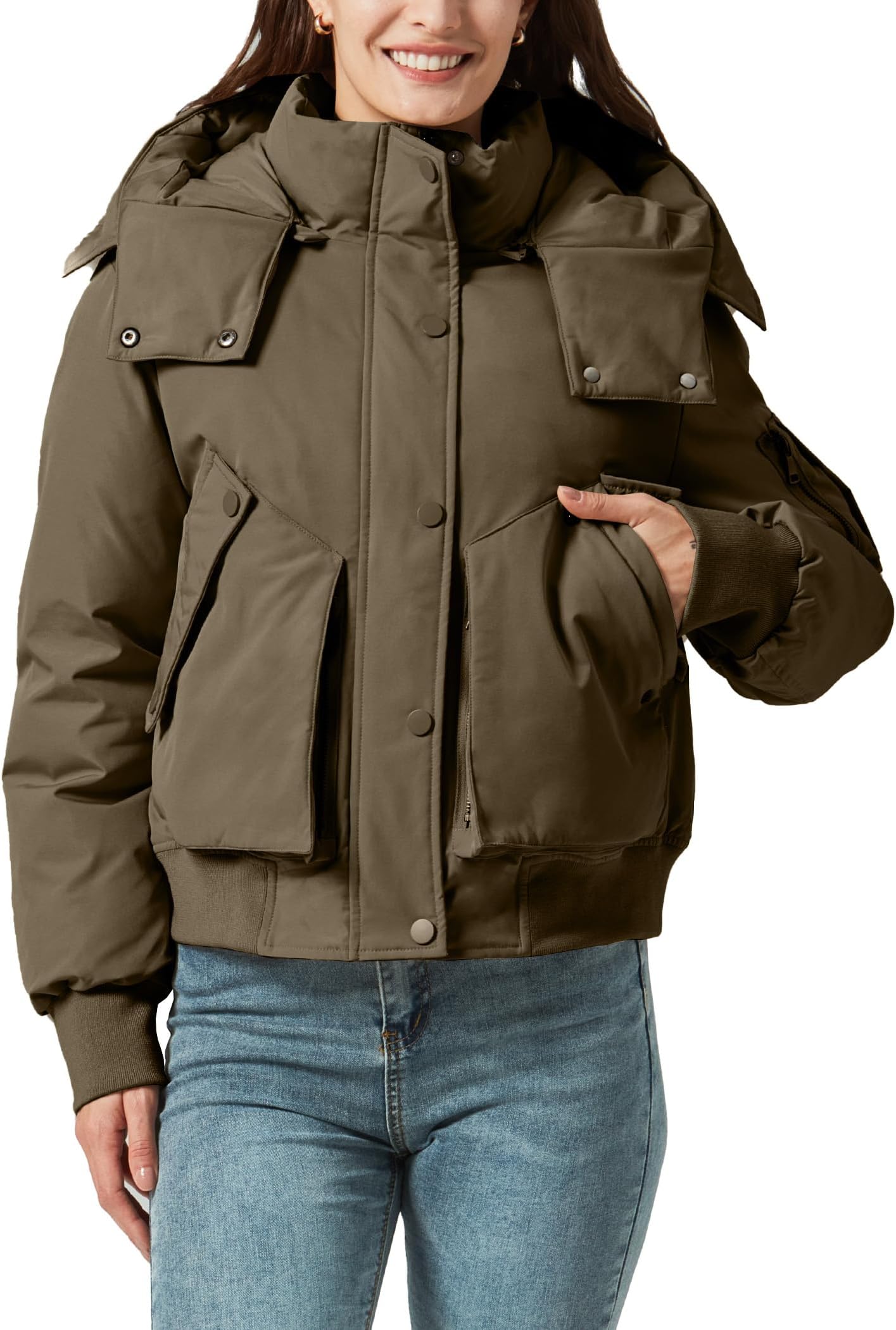 Women's Thickened Down Jackets Winter Warm Parka Puffer Jacket Multi-pocket with Removable Hood