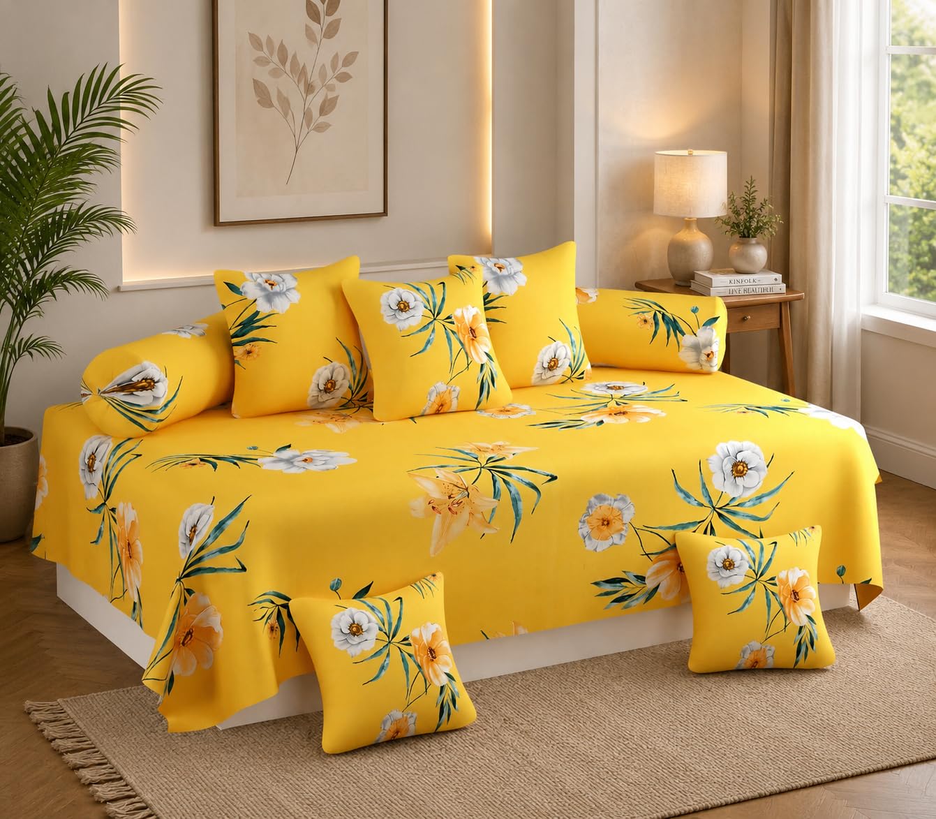 Premium Cotton Diwan Set 8 Pieces,1 Single bedsheet Size 60x90inch, 5 Cushions 16 x 16 inch Covers with Zip and 2 Bolster Covers (60'' x90'' inches)-picture-17