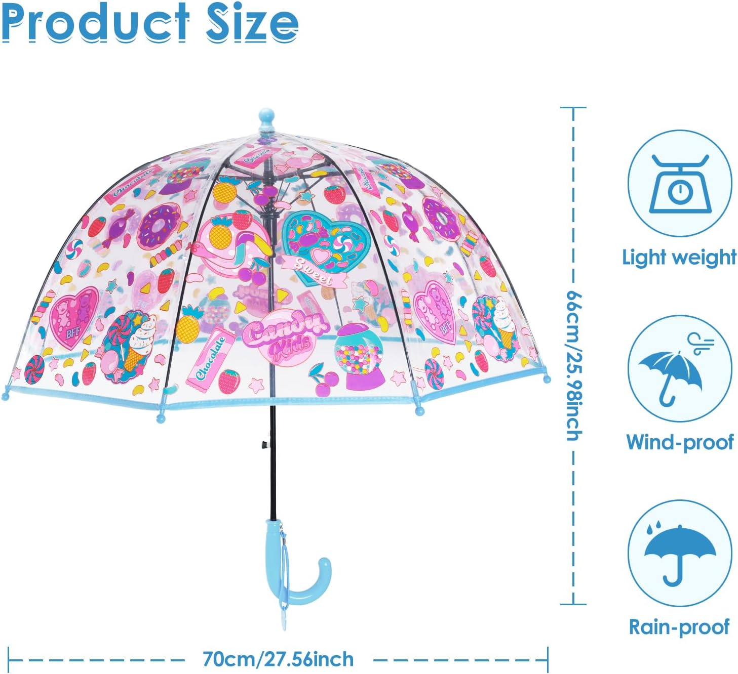 decalsweet Kids Umbrella Clear Bubble Umbrellas for Rain,Transparent Dome Safety Windproof Umbrella with Easy-Grip Hook Handle for Toddler Girls and Boys