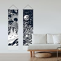 Vista 4 de AHANDMAKER 2 tapices de montaña y lago, tapiz vertical largo para colgar en la pared, diseño psicodélico, arte místico y gótico para dormitorio