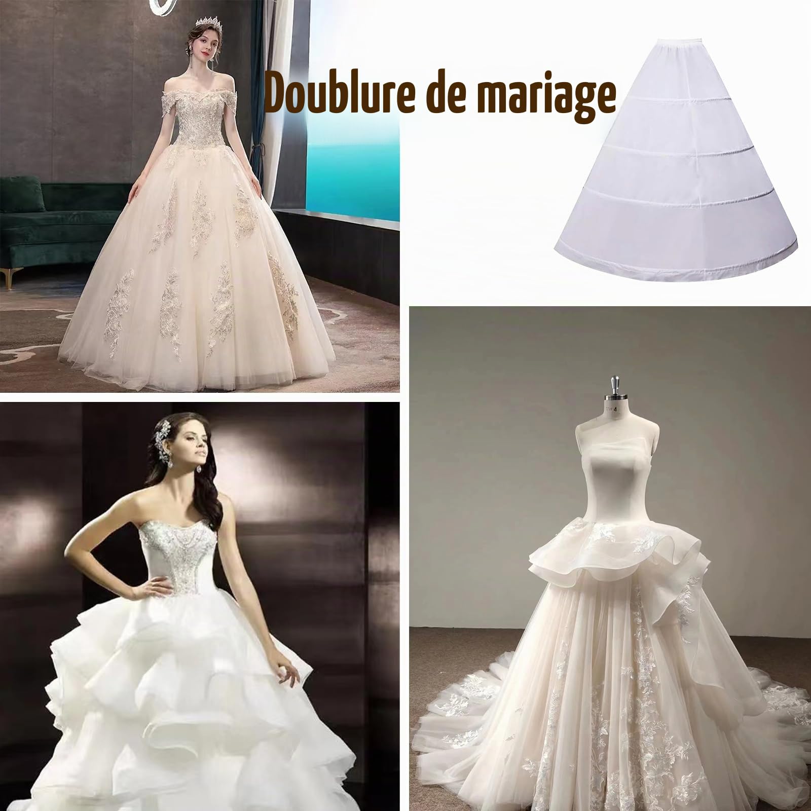 Jupon Robe De Mariée -Jupon à 4 cerceaux pour Femme - Longueur au Sol - Crinoline - Blanc - Élégance et Confort
