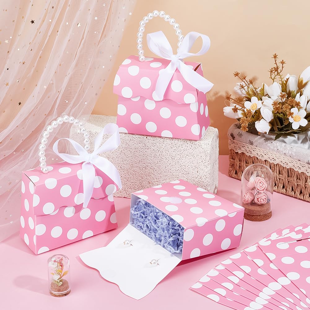 BENECREAT 16 set di Scatole di Bomboniere Rosa Fai Da Te, Scatola di Carta Kraft A Pois Bianchi Da 196x136x60mm con Manico In Madreperla, Confezioni Regalo per Compleanno, Favore Del Partito