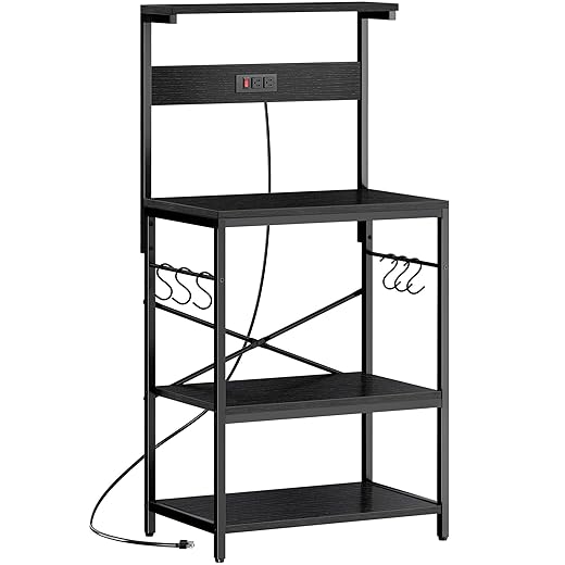SUPERJARE Kitchen Bakers Rack with Power Outlet, Coffee Bar Table 4 Tiers, Kitchen Microwave Stand with 6 S-shaped Hooks, Storage Shelf Rack for Spices, Pots and Pans - Black