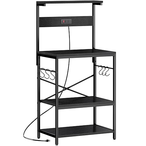SUPERJARE Kitchen Bakers Rack with Power Outlet, Coffee Bar Table 4 Tiers, Kitchen Microwave Stand with 6 S-shaped Hooks, Storage Shelf Rack for Spices, Pots and Pans - Black
